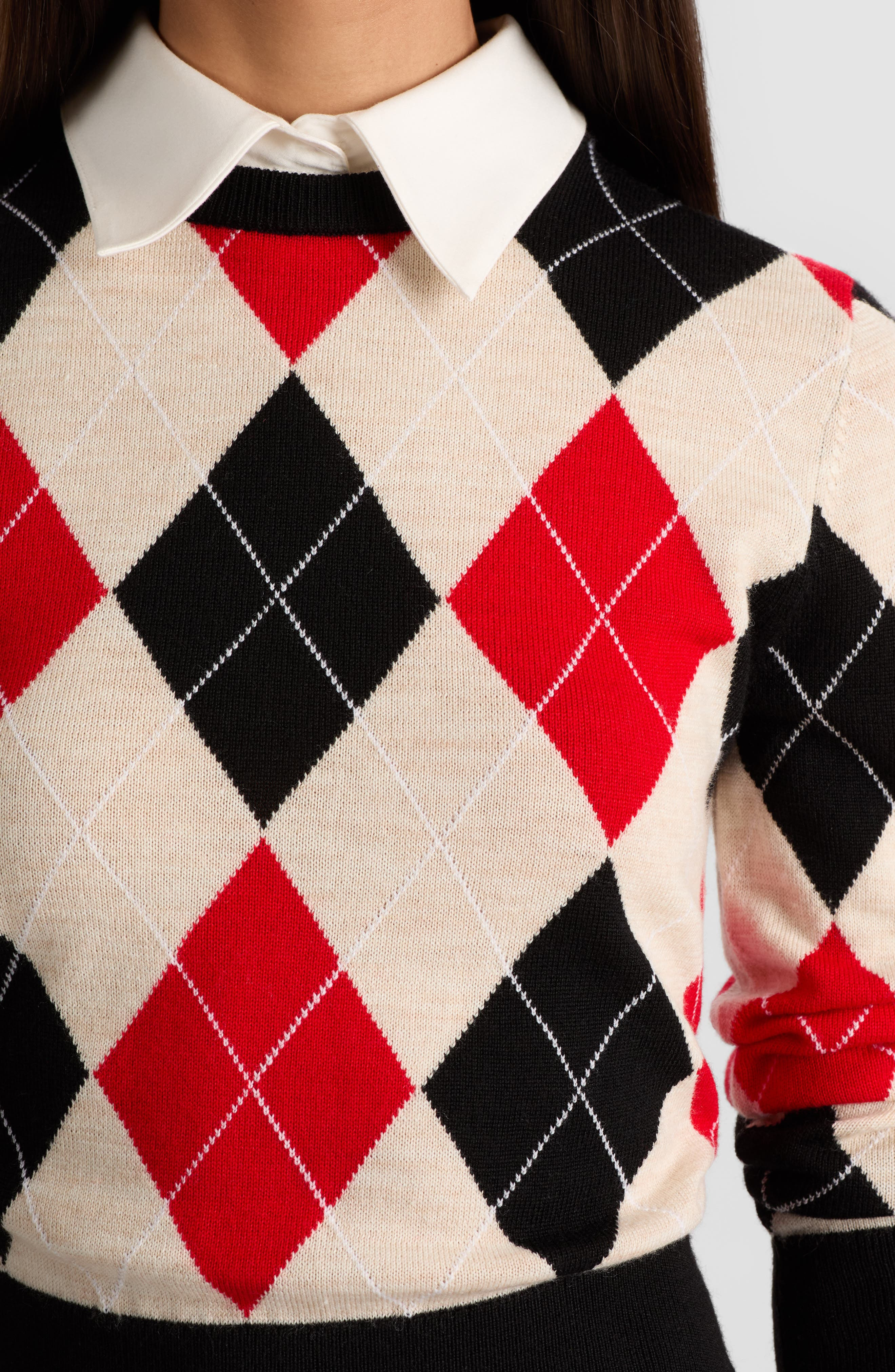 Alice + Olivia Carol Ann Wool Blend Argyle Sweater with Removable Collar in Oatmeal Heather /Black / - 4