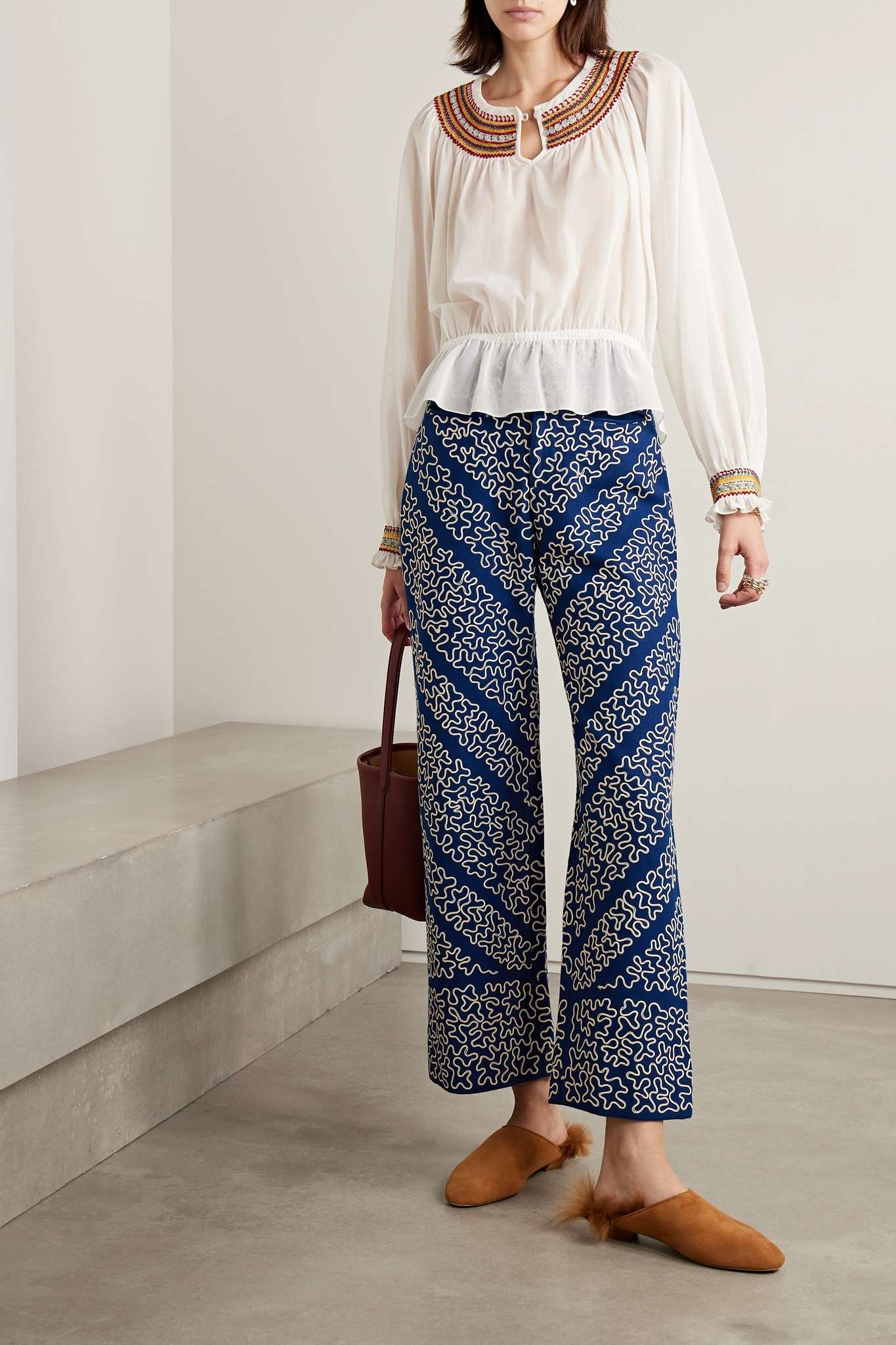 Bombora cropped embroidered wool-blend wide-leg pants - 2