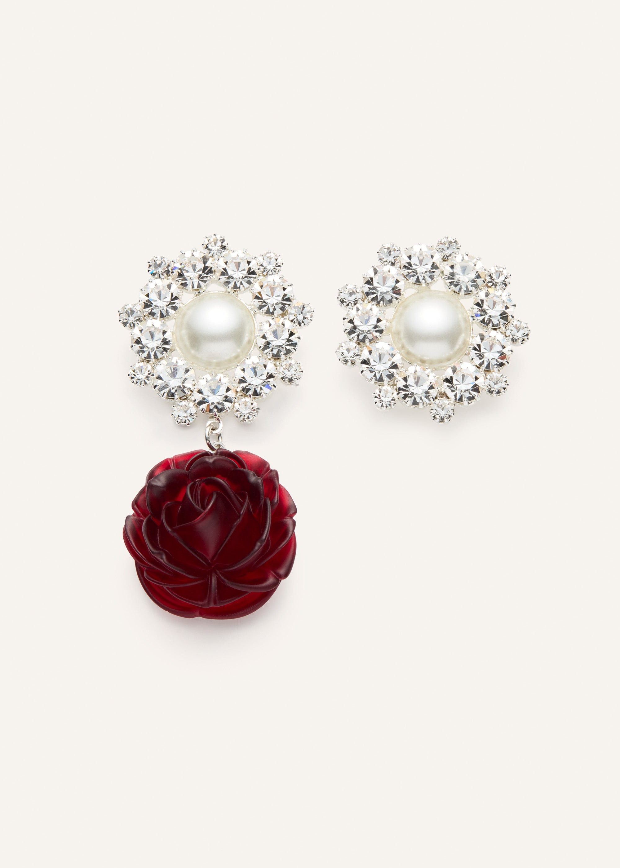 Pearl and crystal cluster earrings with red rose drop - 1