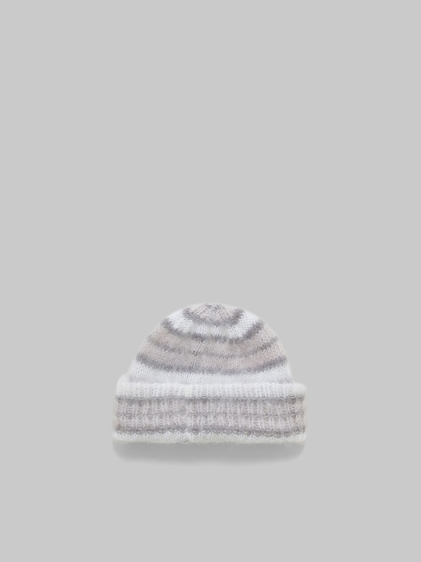 WHITE BRUSHED MOHAIR BEANIE WITH STRIPES - 1