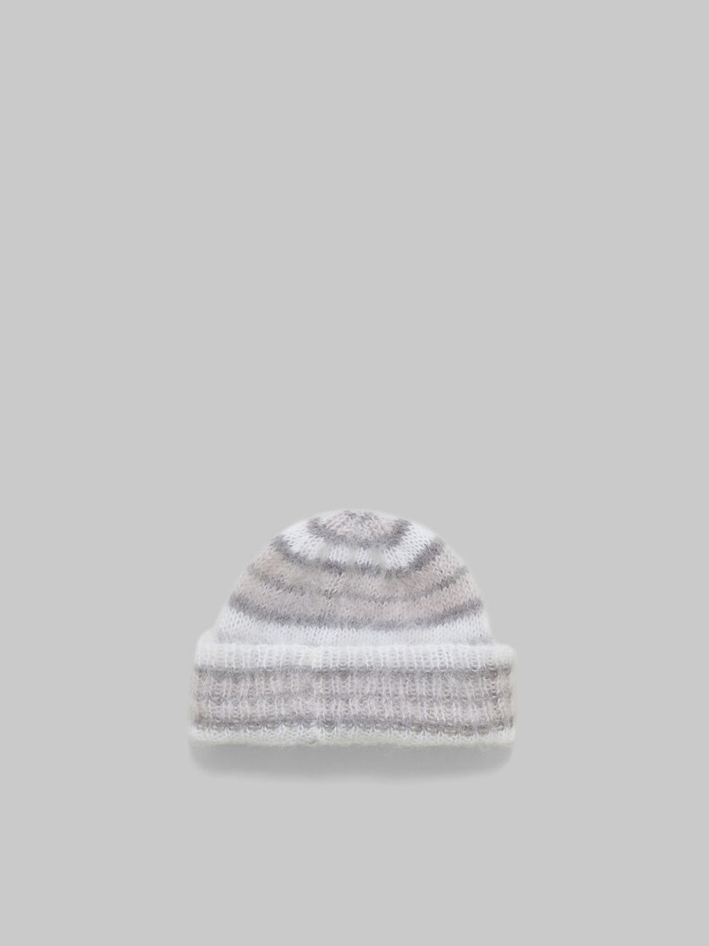 WHITE BRUSHED MOHAIR BEANIE WITH STRIPES 1