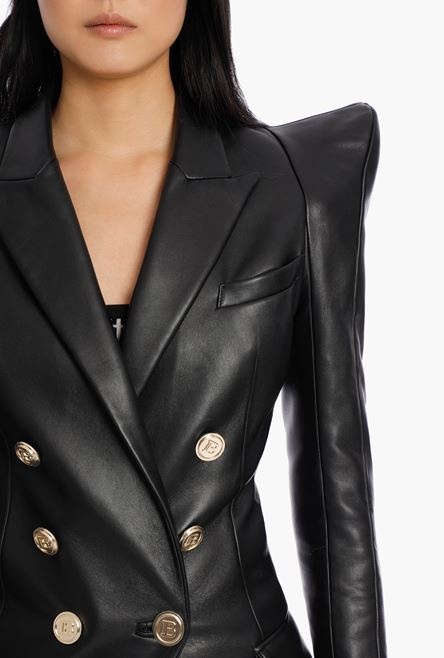 Long double-breasted black leather blazer - 6