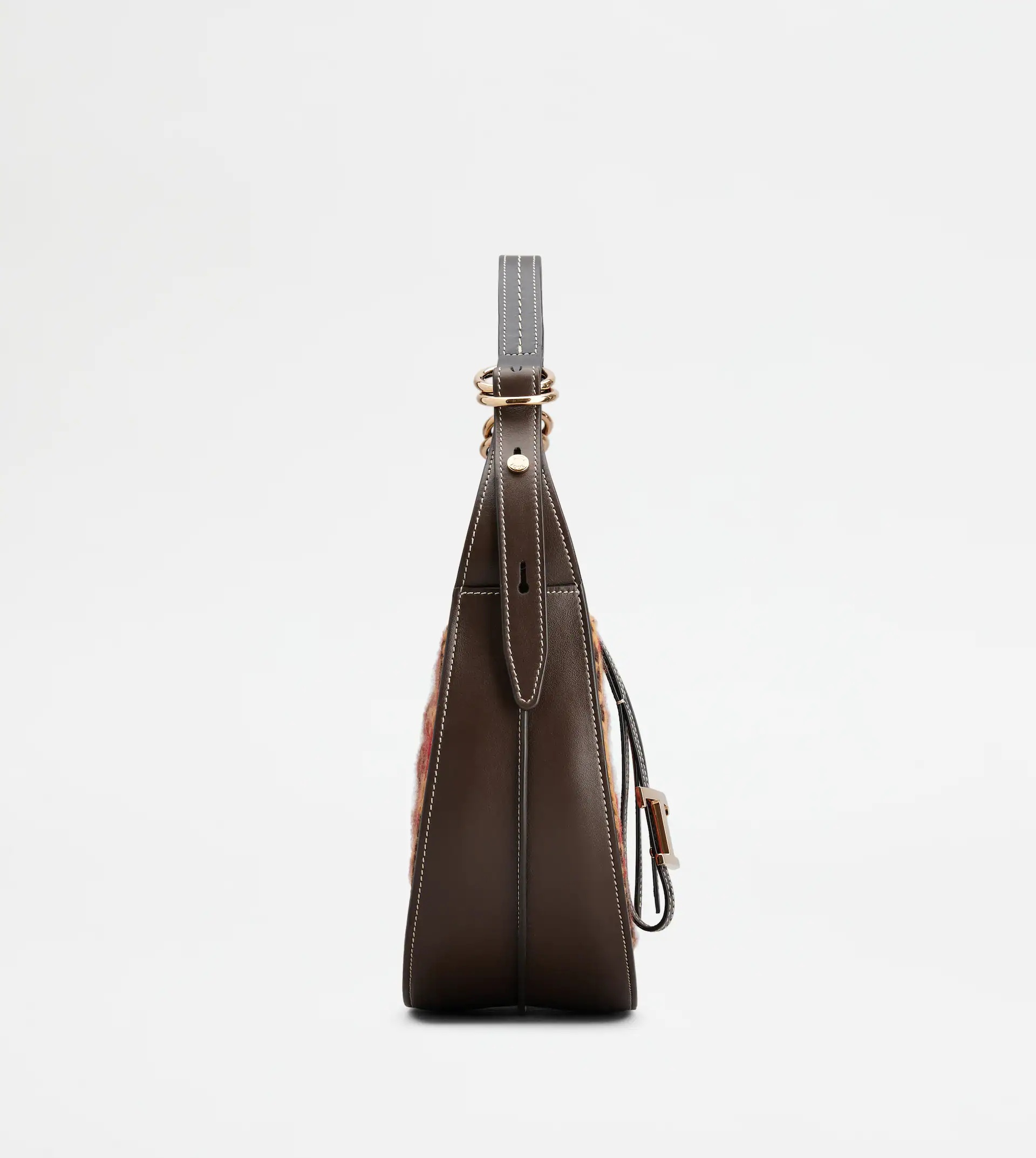 TIMELESS HOBO BAG IN LEATHER AND WOOL SMALL - BROWN, RED, BEIGE - 2