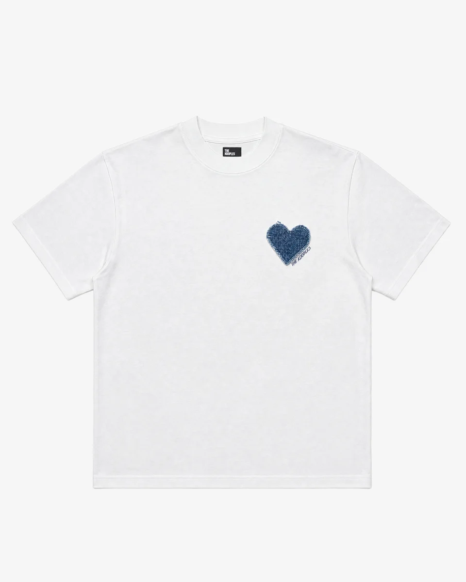 WHITE FLOCKED DENIM HEART PATCH T-SHIRT - 1