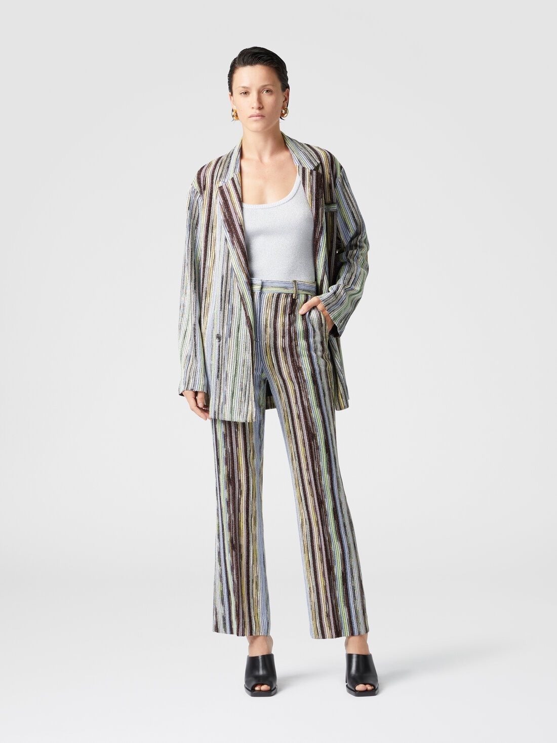 Classic trousers in striped lamé slub viscose with cropped hem - 2