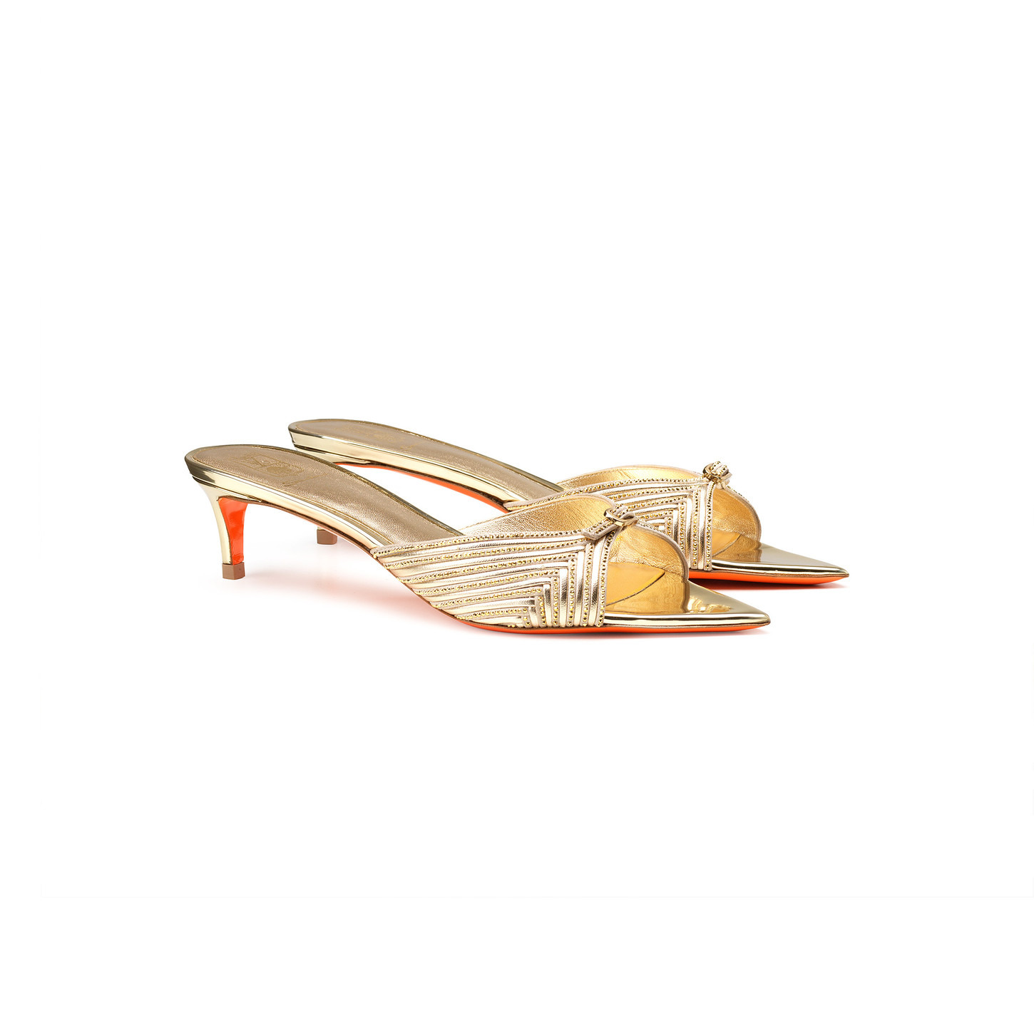 Women's gold leather and crystal mid-heel Meraviglia Collection sandal - 3