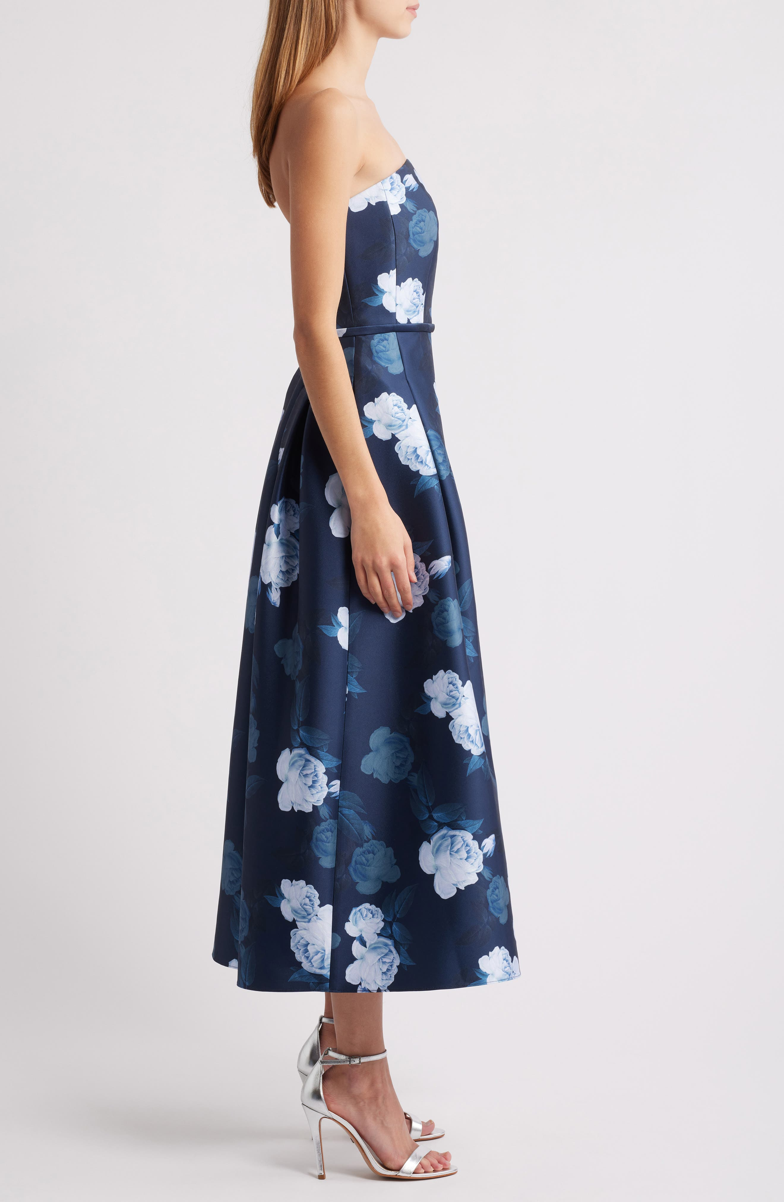 Sachin & Babi Shay Floral Strapless Stretch Mikado Cocktail Midi Dress in Midnight Glacial Rose at N - 3