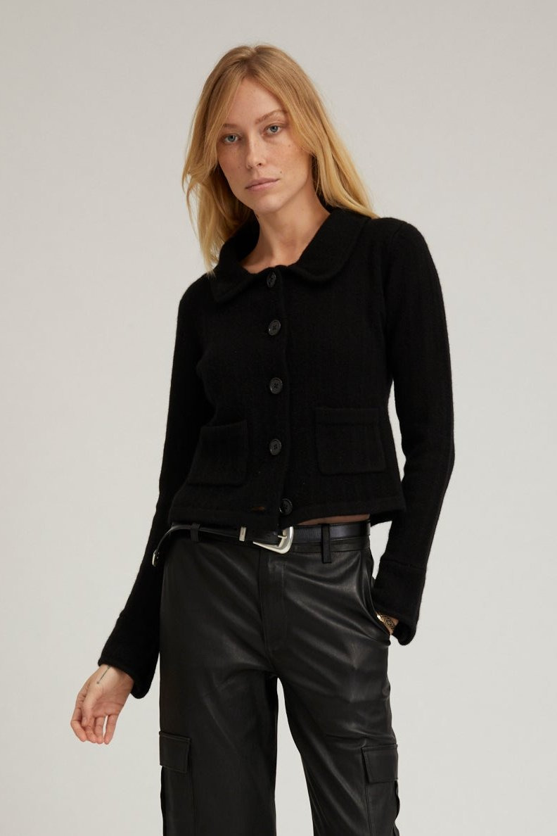BLACK CASHMERE COLLARED CARDIGAN - 5