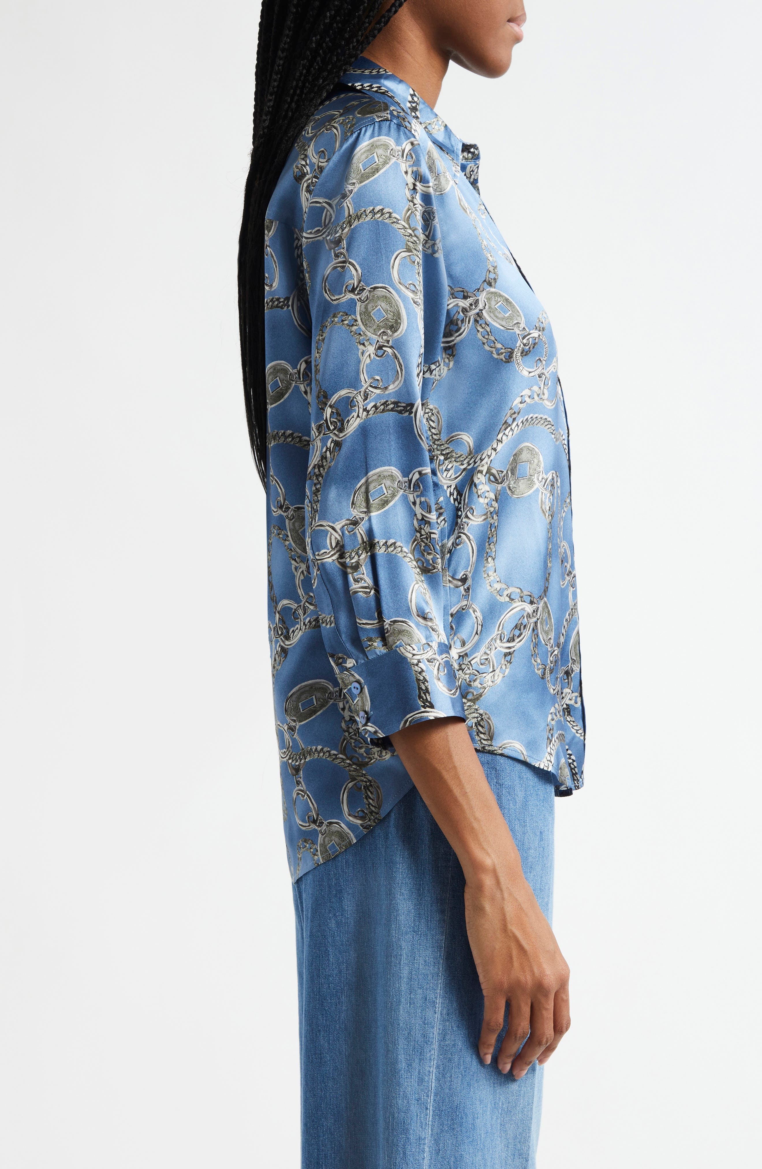 L'AGENCE Dani Chain Print Silk Button-Up Shirt in Blue Horizon/Silver Good Luck at Nordstrom - 4