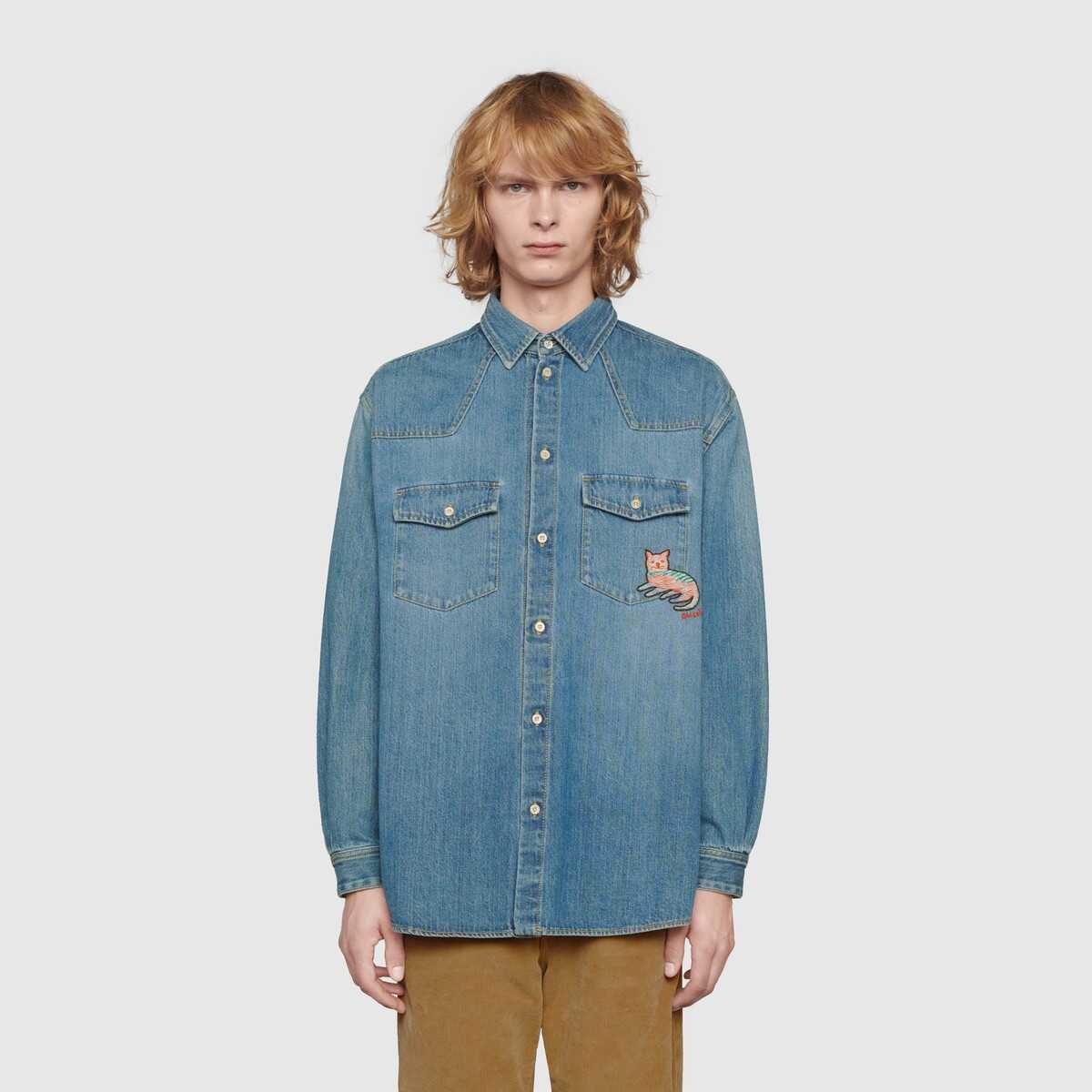 Eco washed organic denim shirt with cat - 3