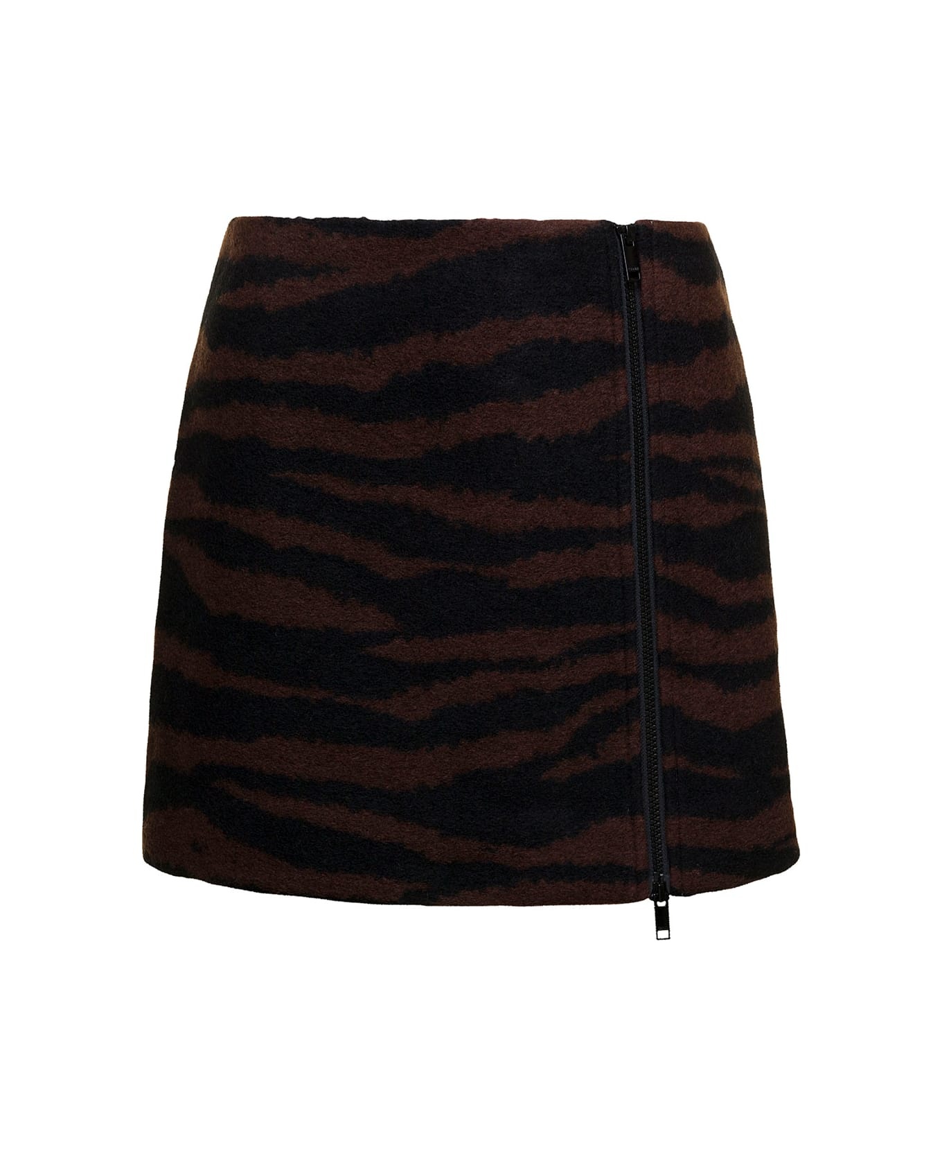 Brown And Black Mini-skirt With Zip And Zebra Print In Wool Woman - 1