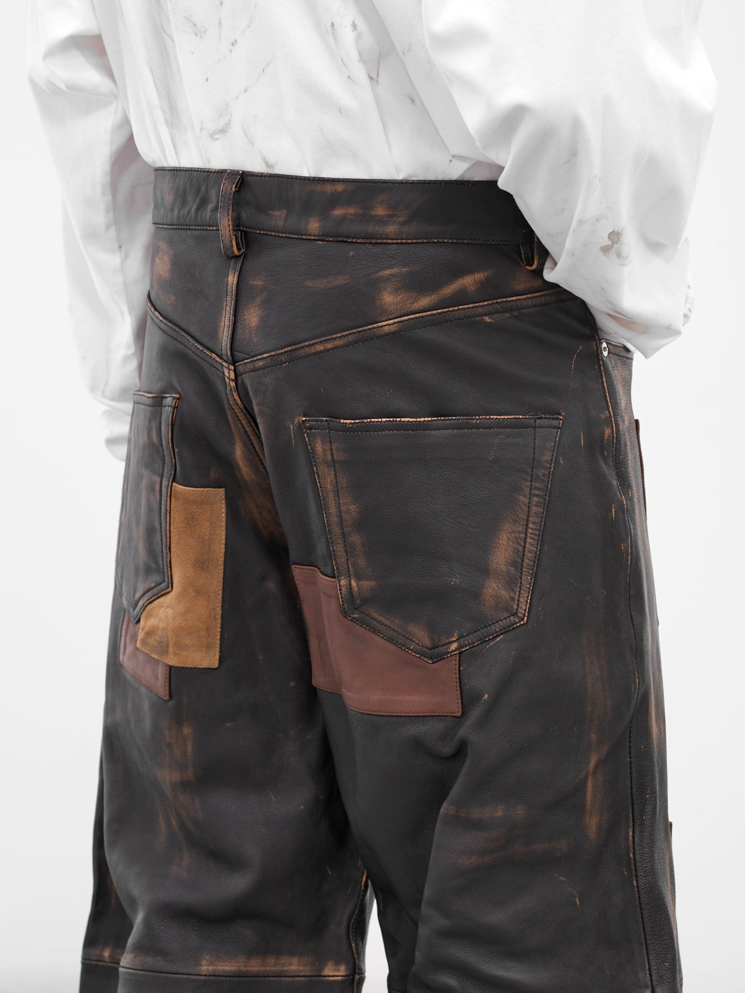 Worn Black Patchwork Leather Trousers - 5