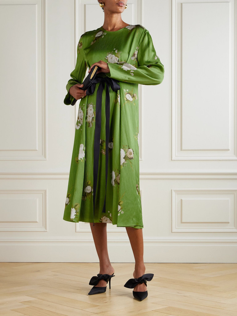 Erdem Bow-detailed floral-print plissé-satin midi dress Green outlook
