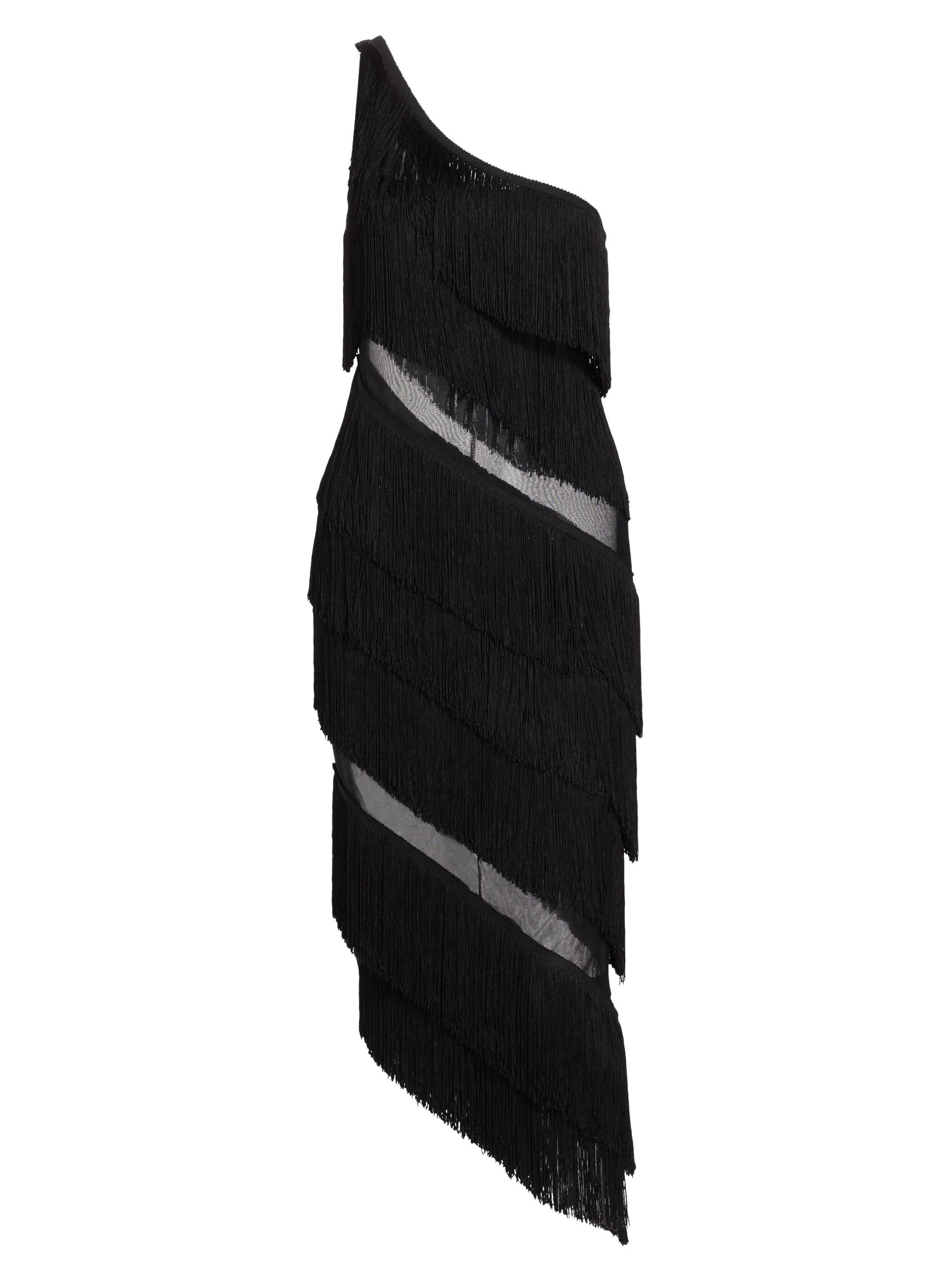 Women's Spliced One-Shoulder Fringe Midi-Dress - Black - 1