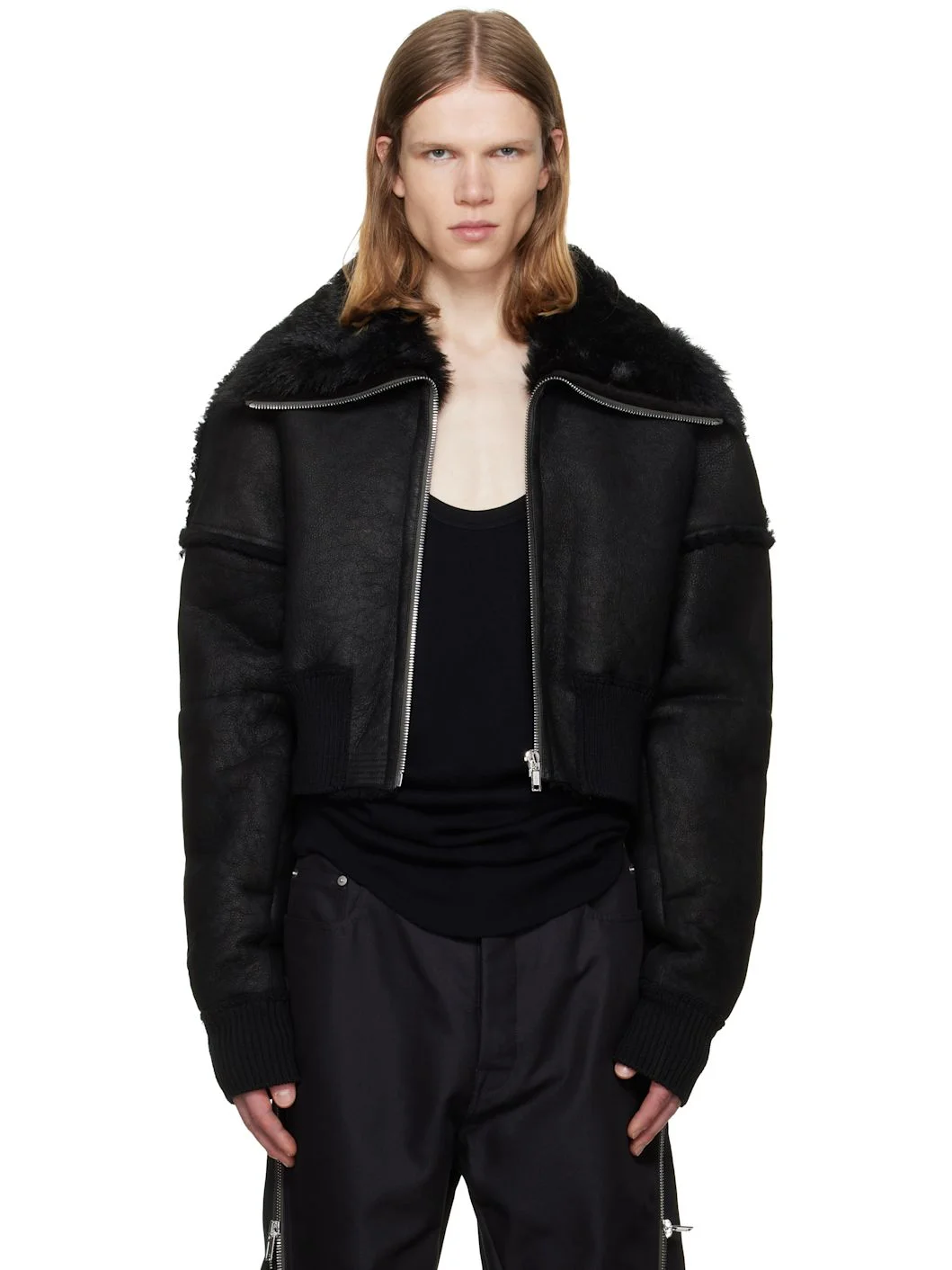Black Tower Flight Cropped Leather Jacket - 1