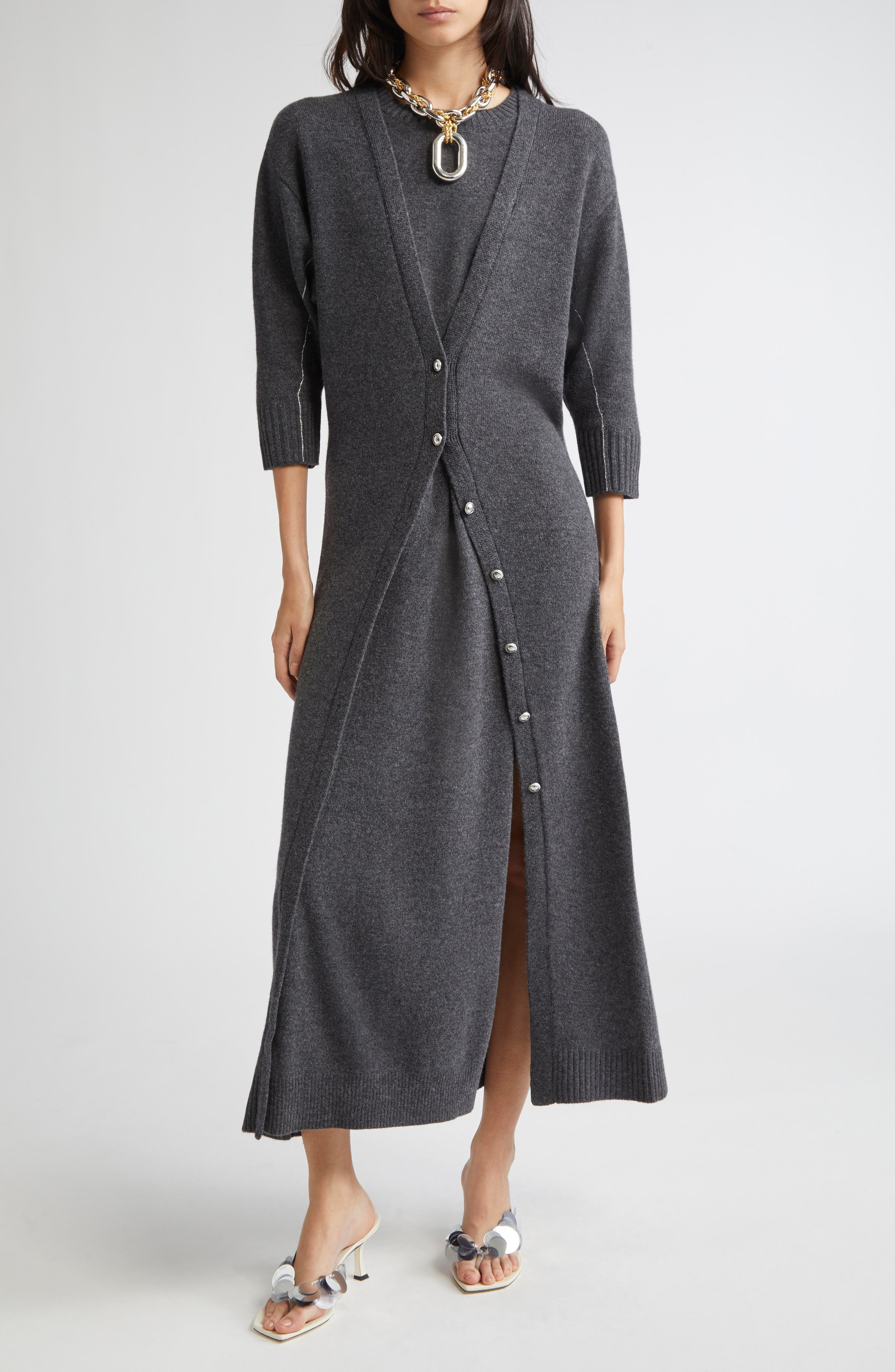 Rabanne Layered Look Wool Blend Sweater Dress in Dark Grey at Nordstrom - 1