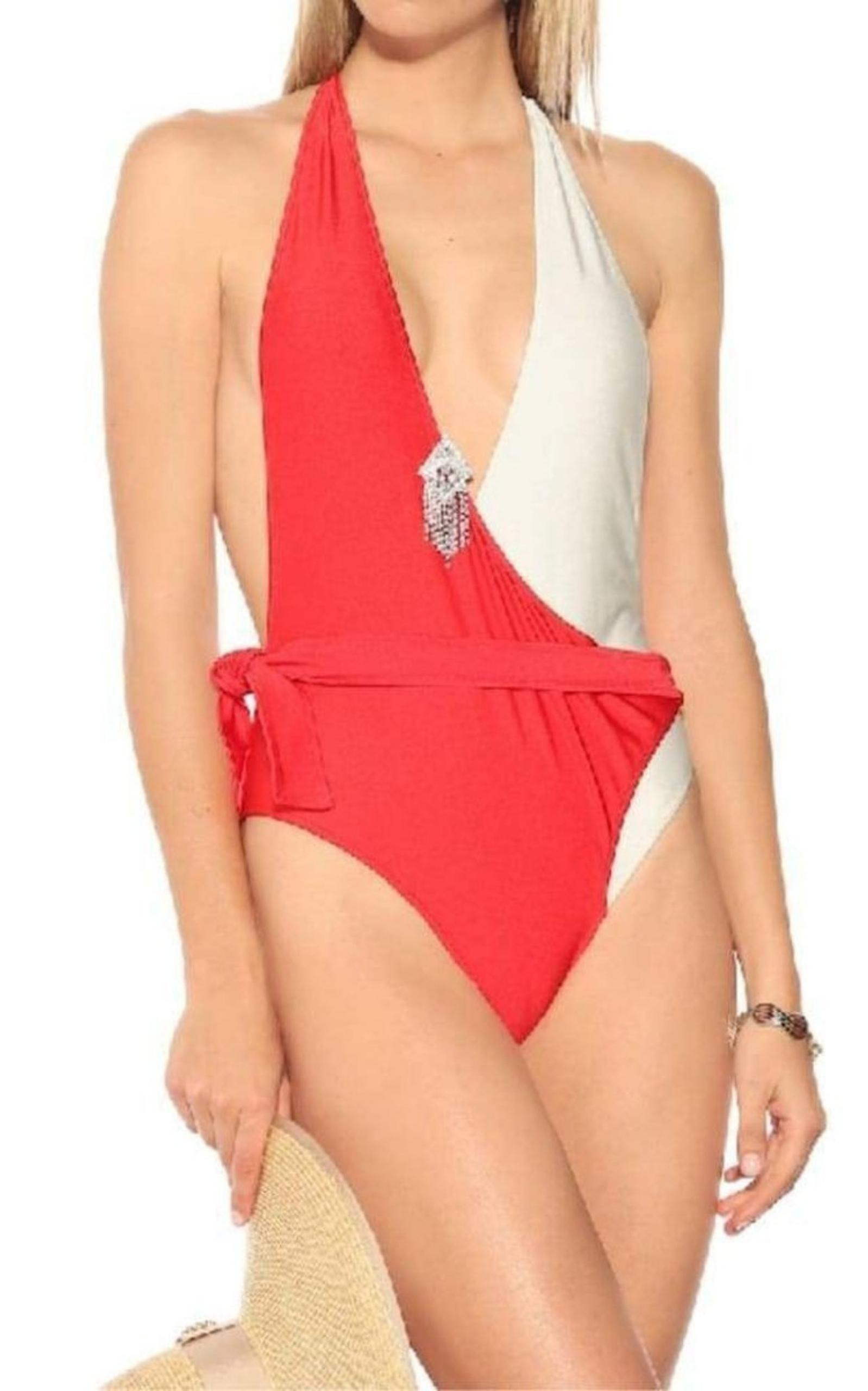 Embellished Colorblocked White & Red Swimsuit - 6