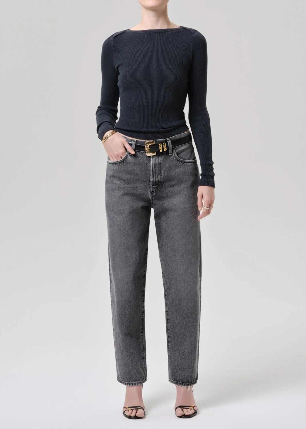 Long Sleeve Baby Waffle Tee In Washed Black - 1