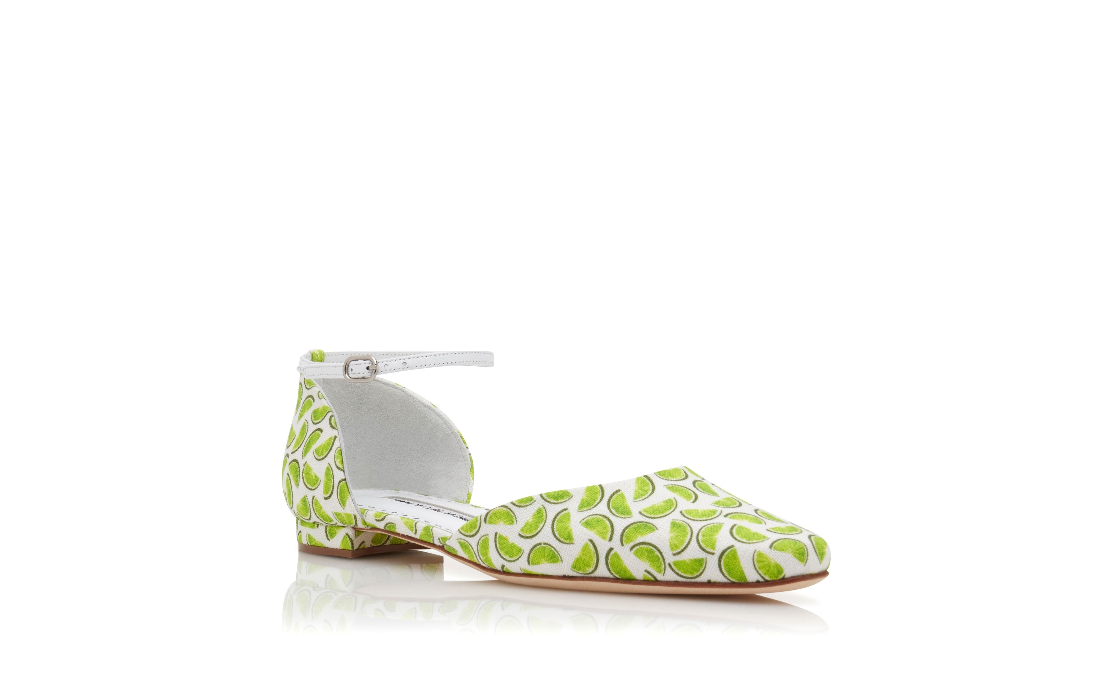 White and Green Printed Linen Flat Shoes - 3