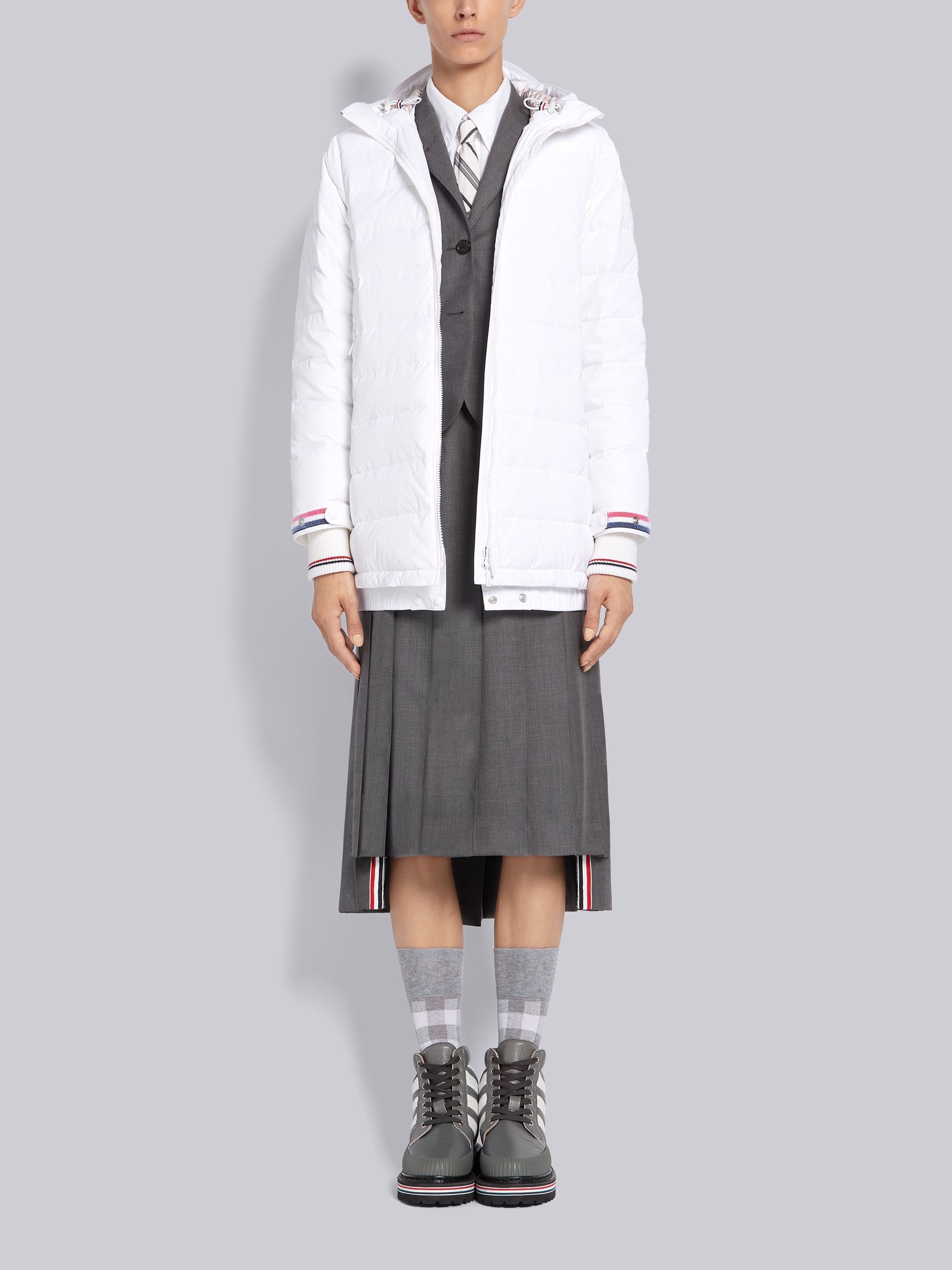 White Down Filled Poly Twill Zip-Up Hooded Overcoat - 3