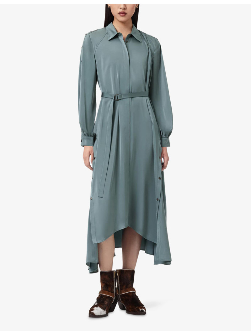 ALLSAINTS Lexi asymmetric-hem belted-waist woven midi dress outlook