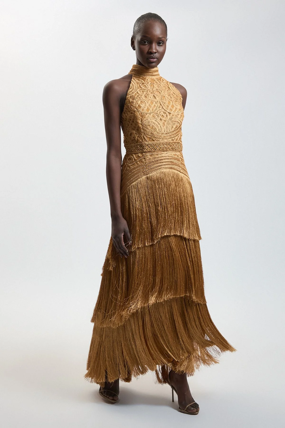 Fringed Beaded Halter Neck Woven Maxi Dress - 1