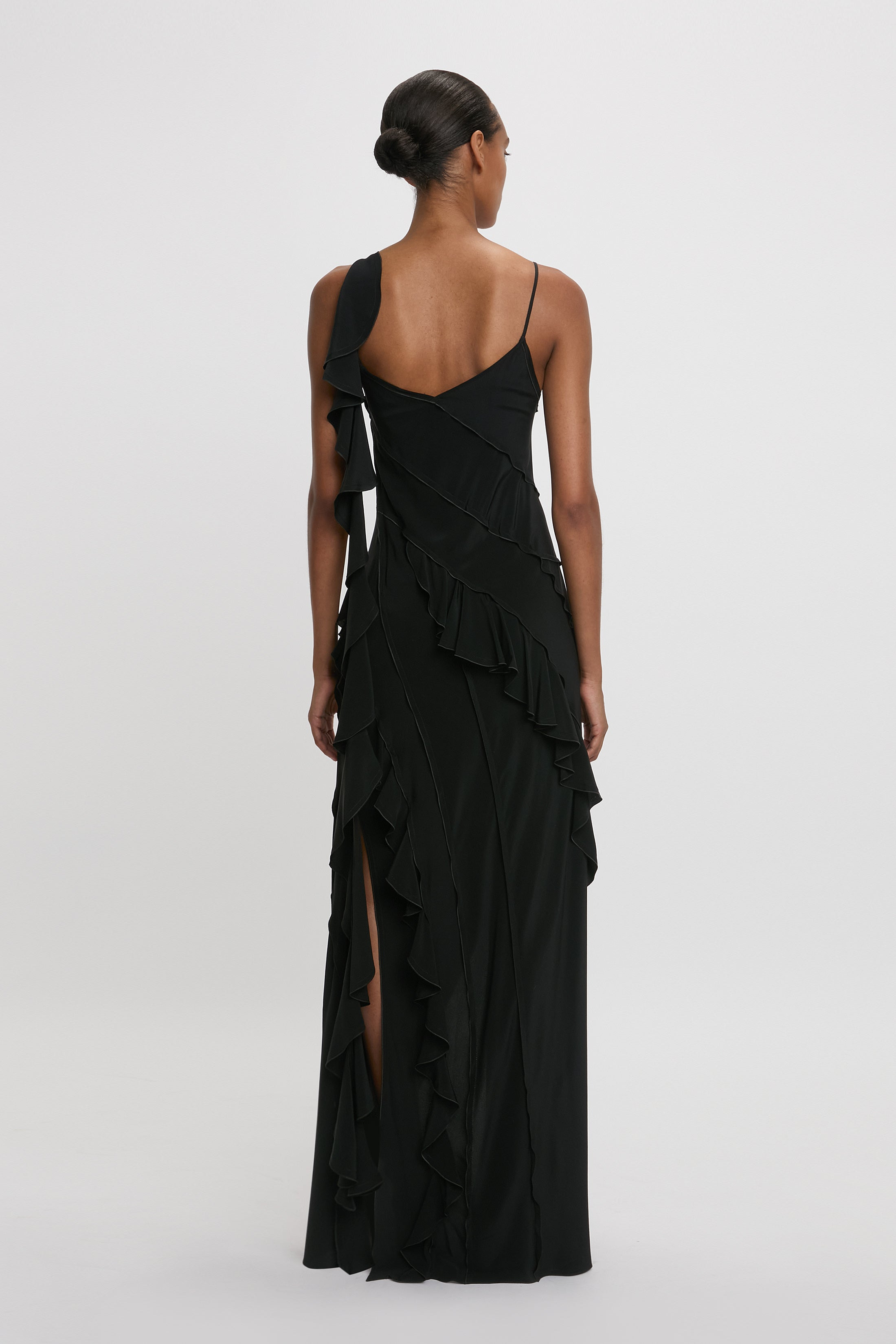 Exclusive Asymmetric Bias Frill Dress In Black - 4