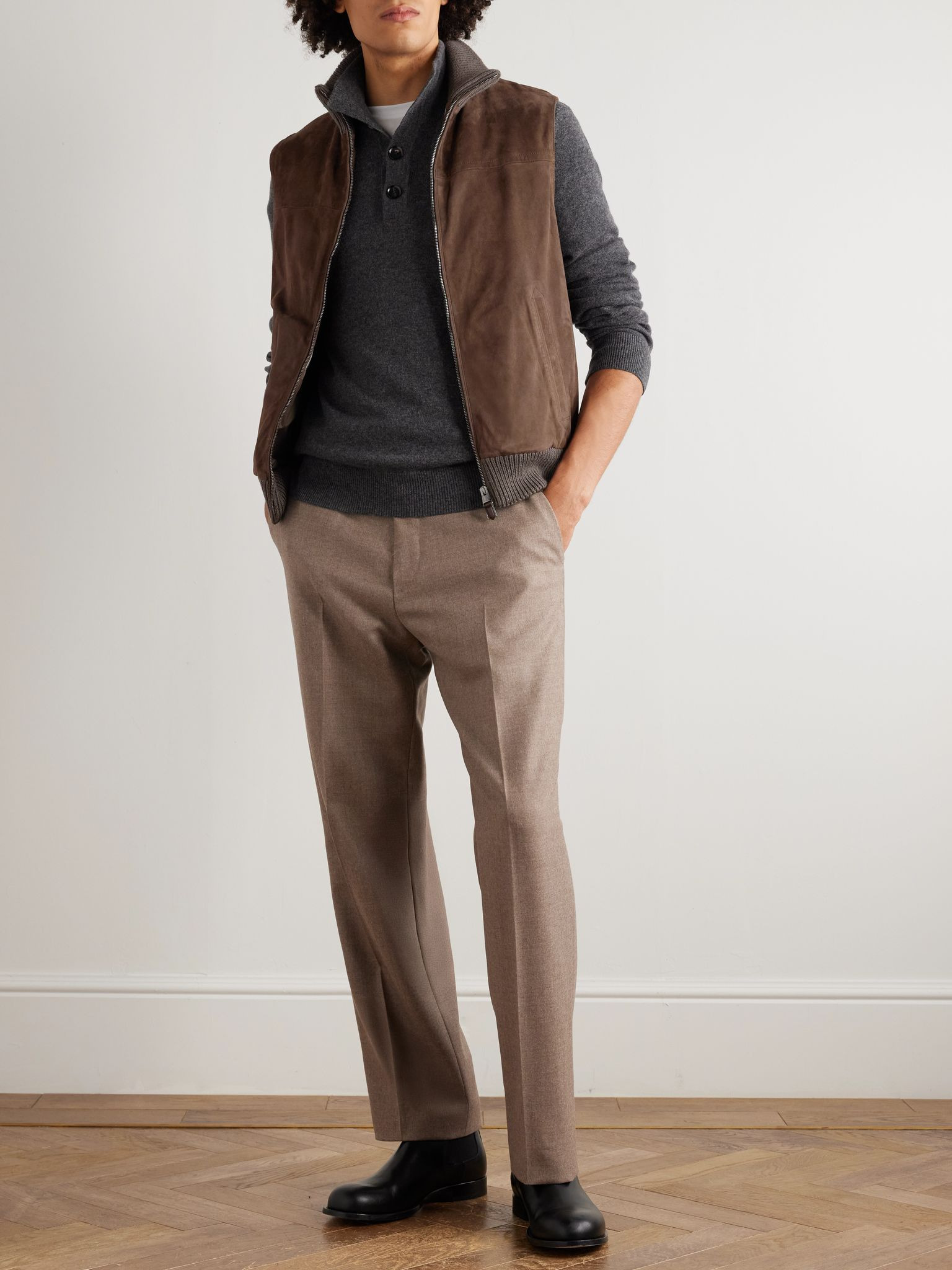 Padded Suede and Ribbed Wool Gilet Brown - 2