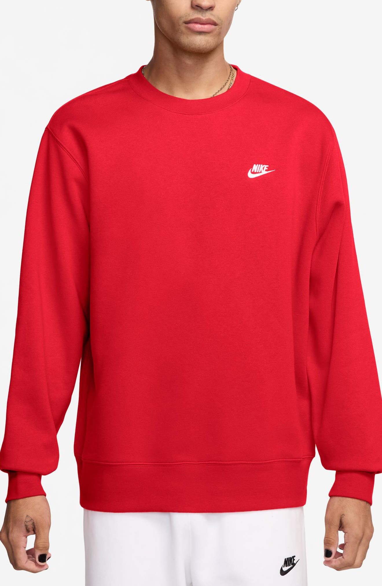 Nike Club Brushed Fleece Crewneck Sweatshirt in University Red/White at Nordstrom - 1
