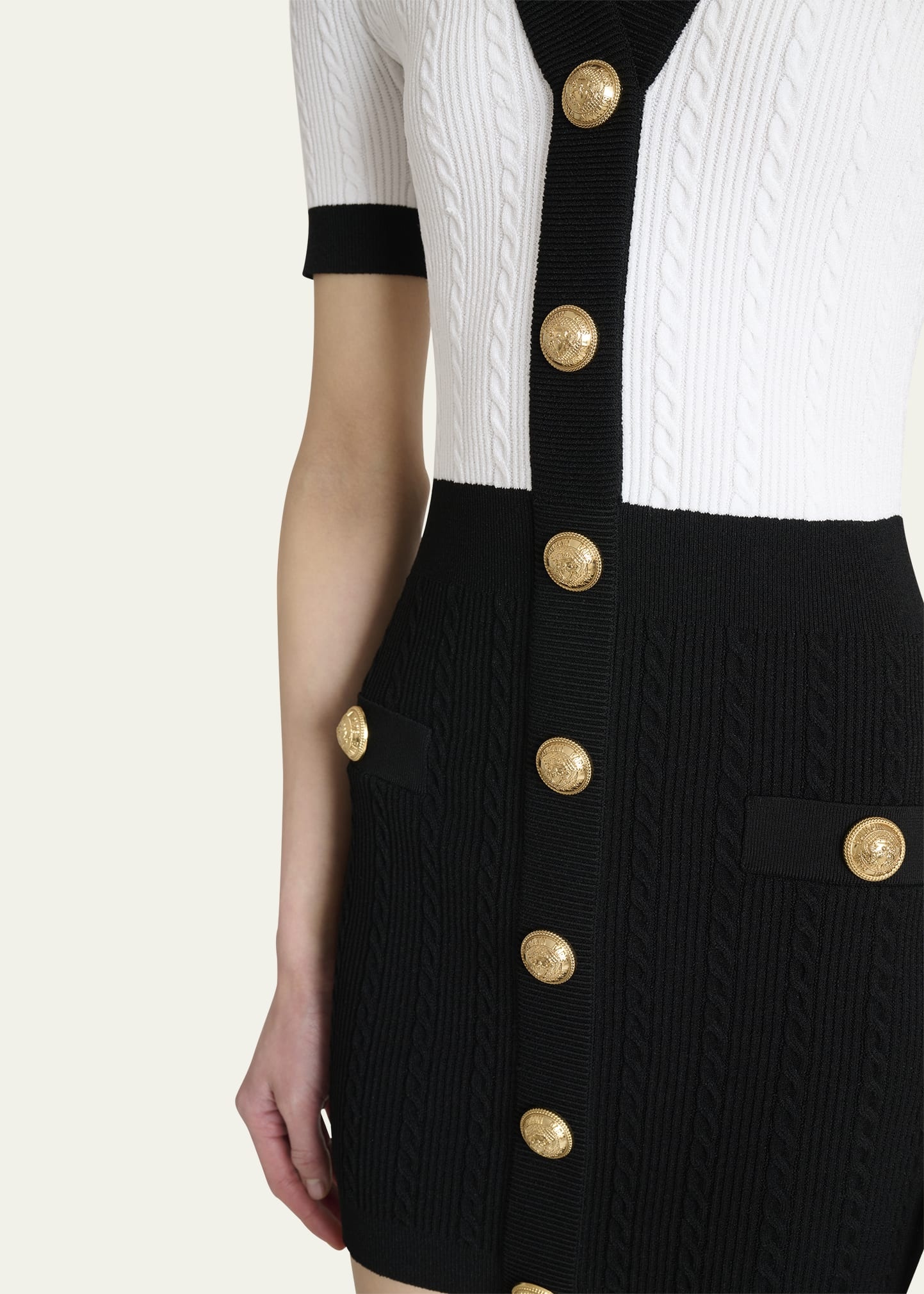 V-Neck Buttoned Strong-Shoulder Torsade Knit Mini Dress - 5