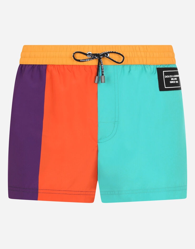 Short nylon patchwork swim trunks with patch - 1