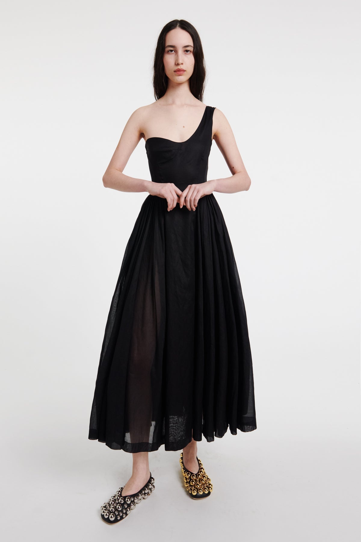 ASYMMETRIC OFF-SHOULDER DRESS WITH GATHERED SKIRT BLACK - 5