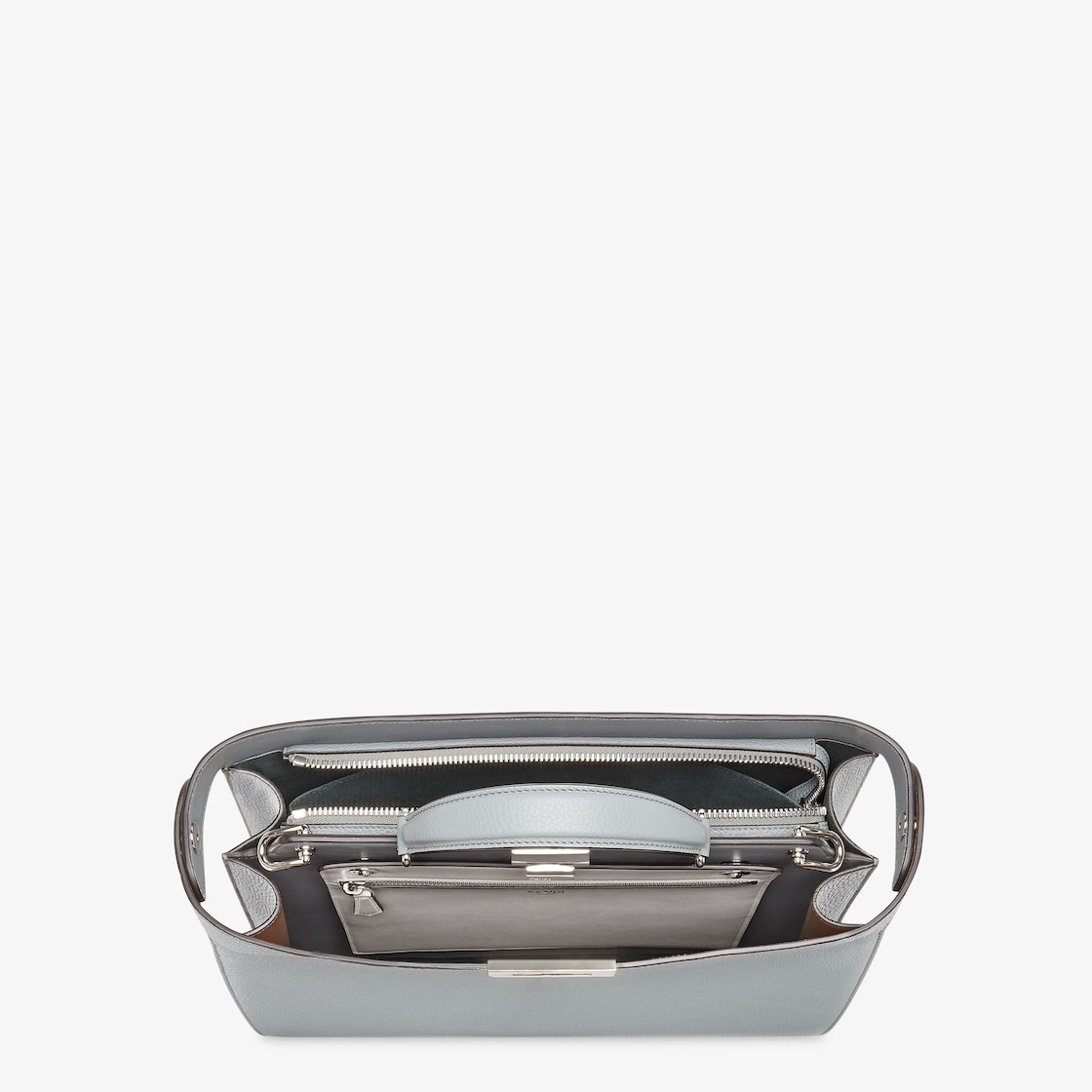 Medium iconic Peekaboo ISeeU bag, made of gray Cuoio Romano leather. The interior is organized into  - 5