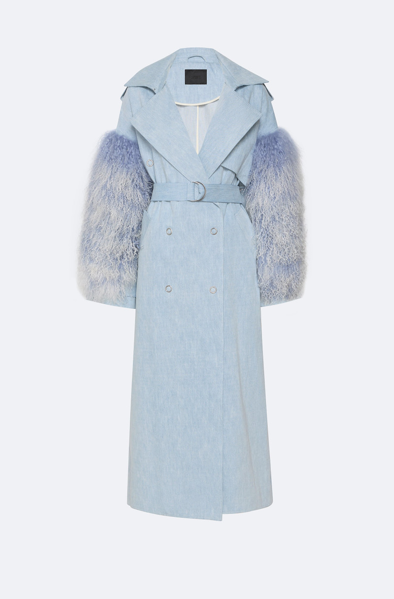 Washed Denim Double Breasted Trench With Shearling 1
