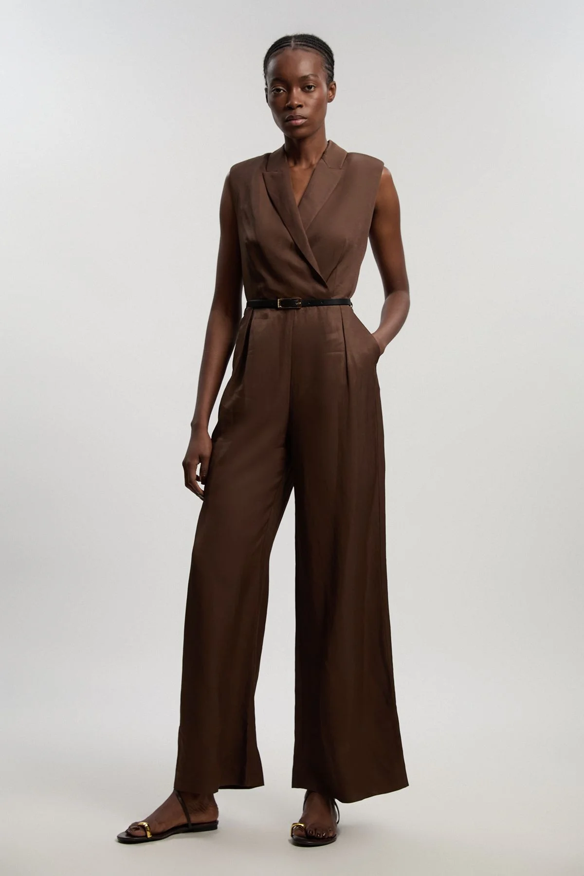 Premium Viscose Linen Tailored Belted Wide Leg Jumpsuit - 1