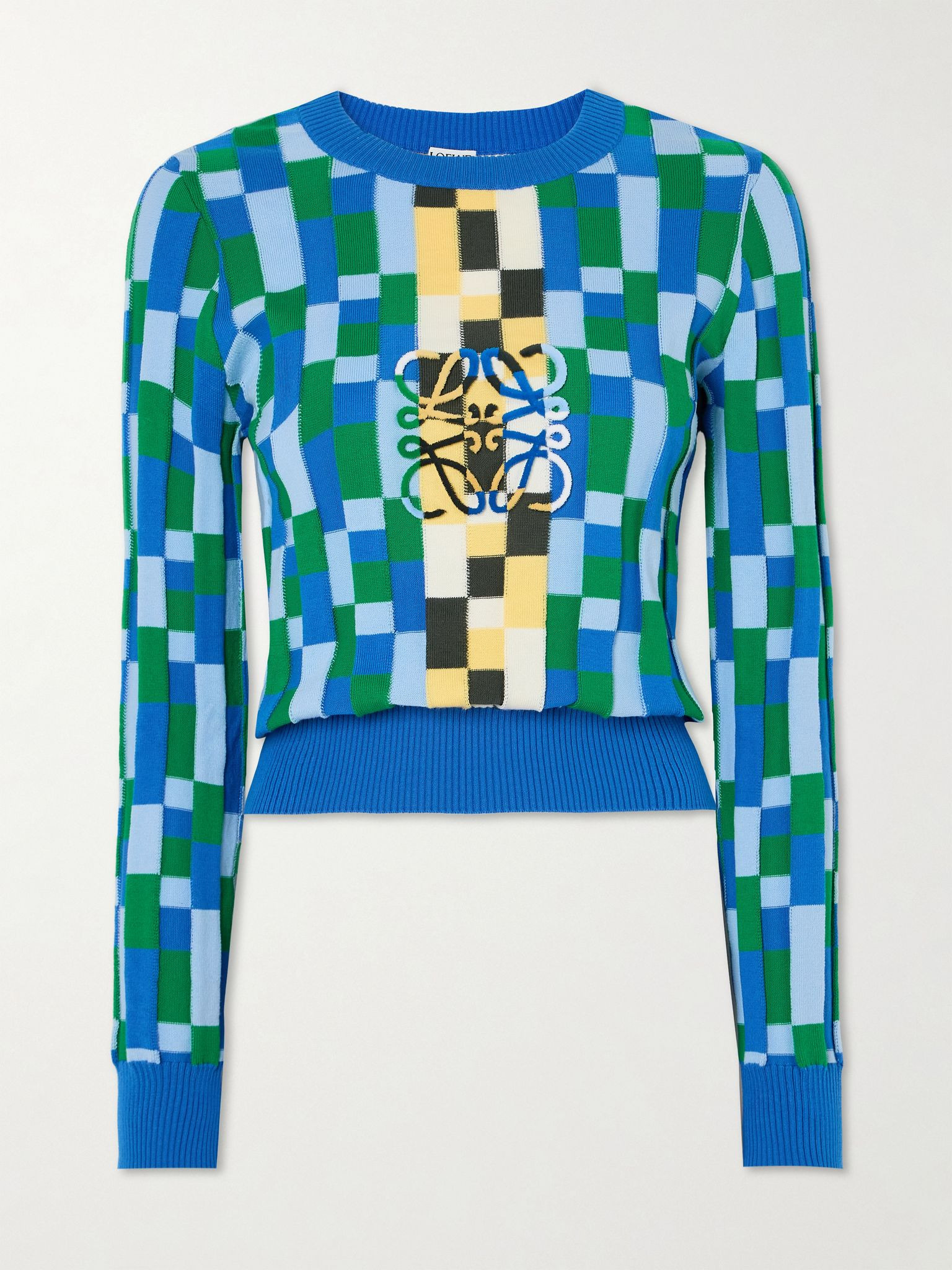 Anagram appliquéd checked intarsia cotton sweater Blue - 1