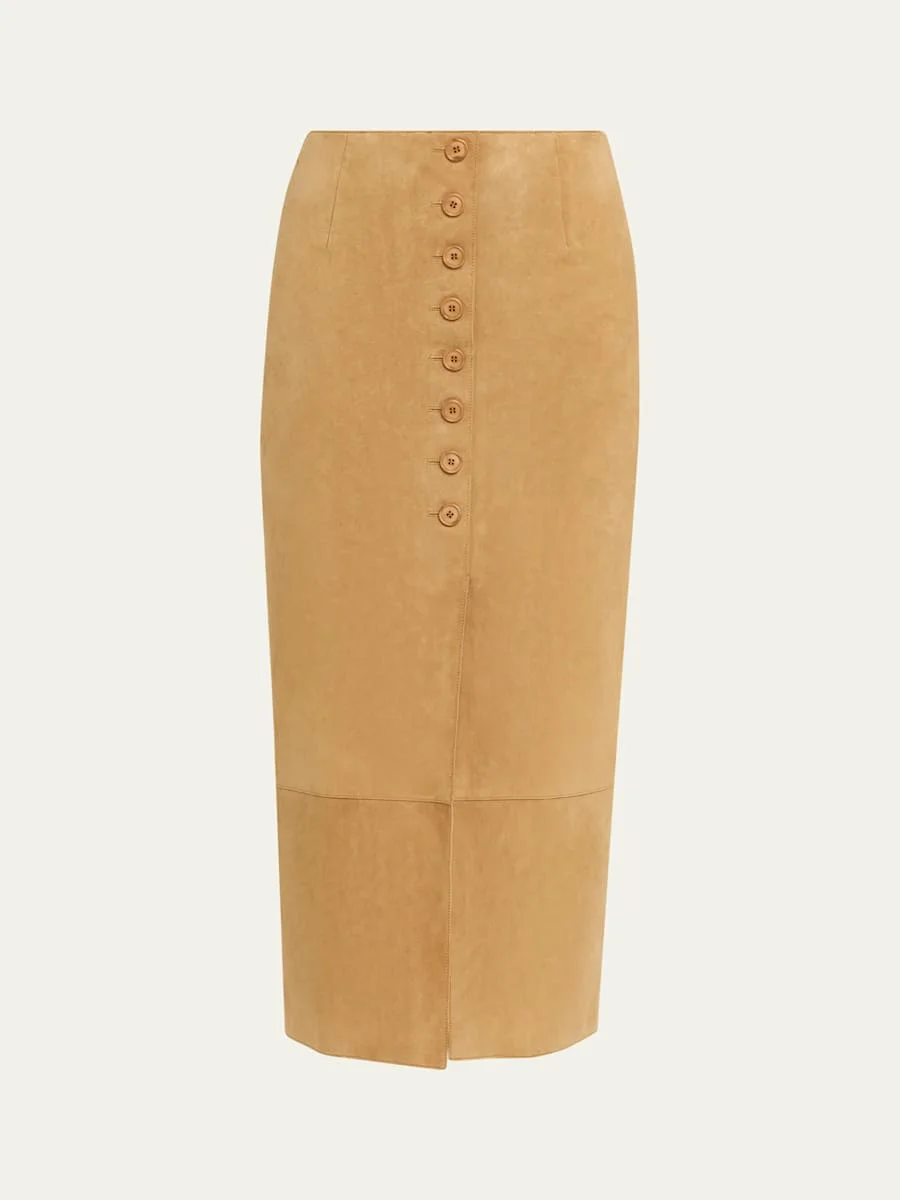 Suede Button-Front Midi Skirt - 1