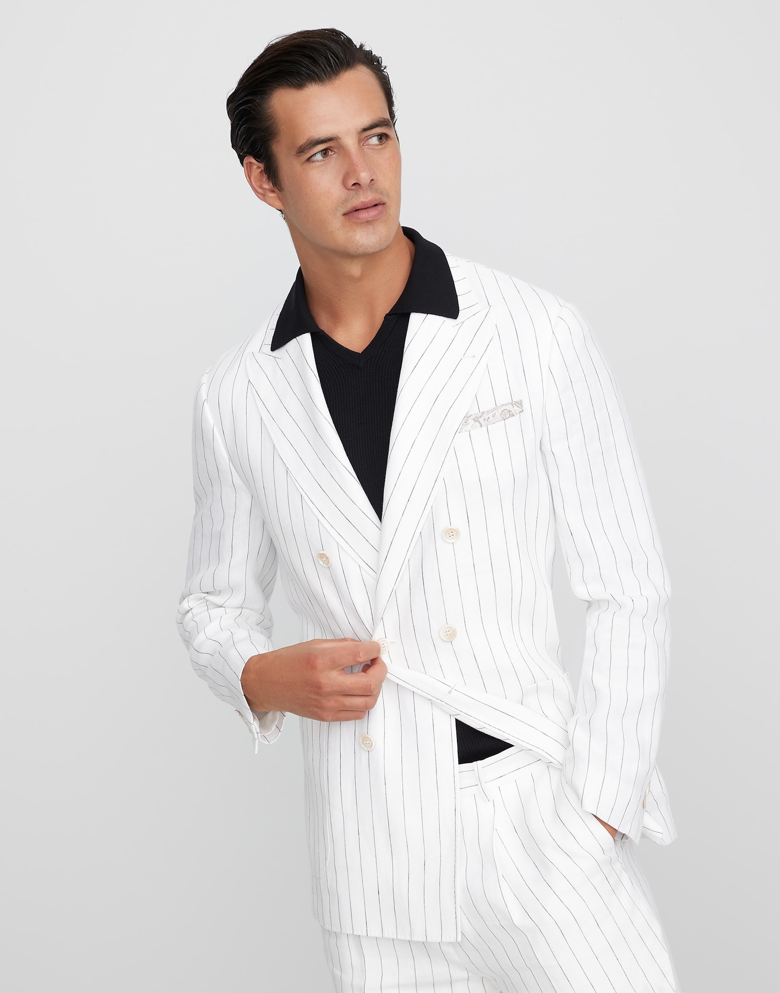 Linen chalk stripe one-and-a-half breasted deconstructed blazer with patch pockets - 1