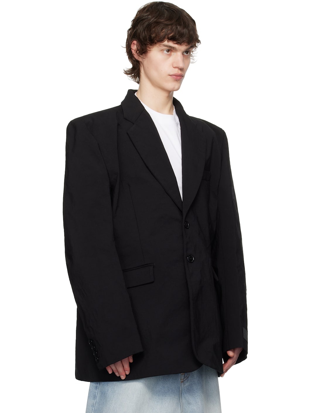 Black Metalized Wrinkled Single Breasted Blazer - 2