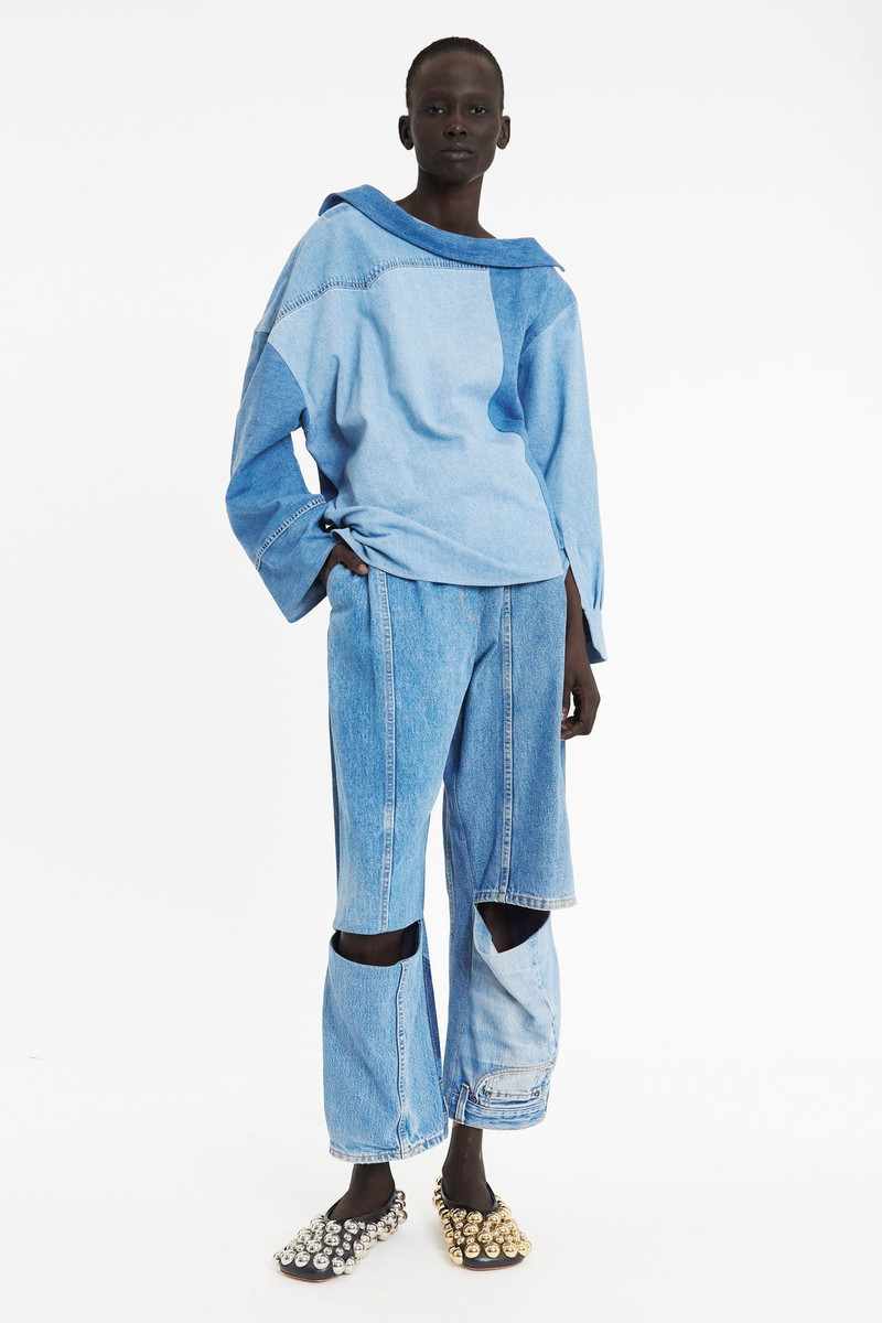 OFF SHOULDER UPCYCLED DENIM BACK TO FRONT SHIRT BLUE 1