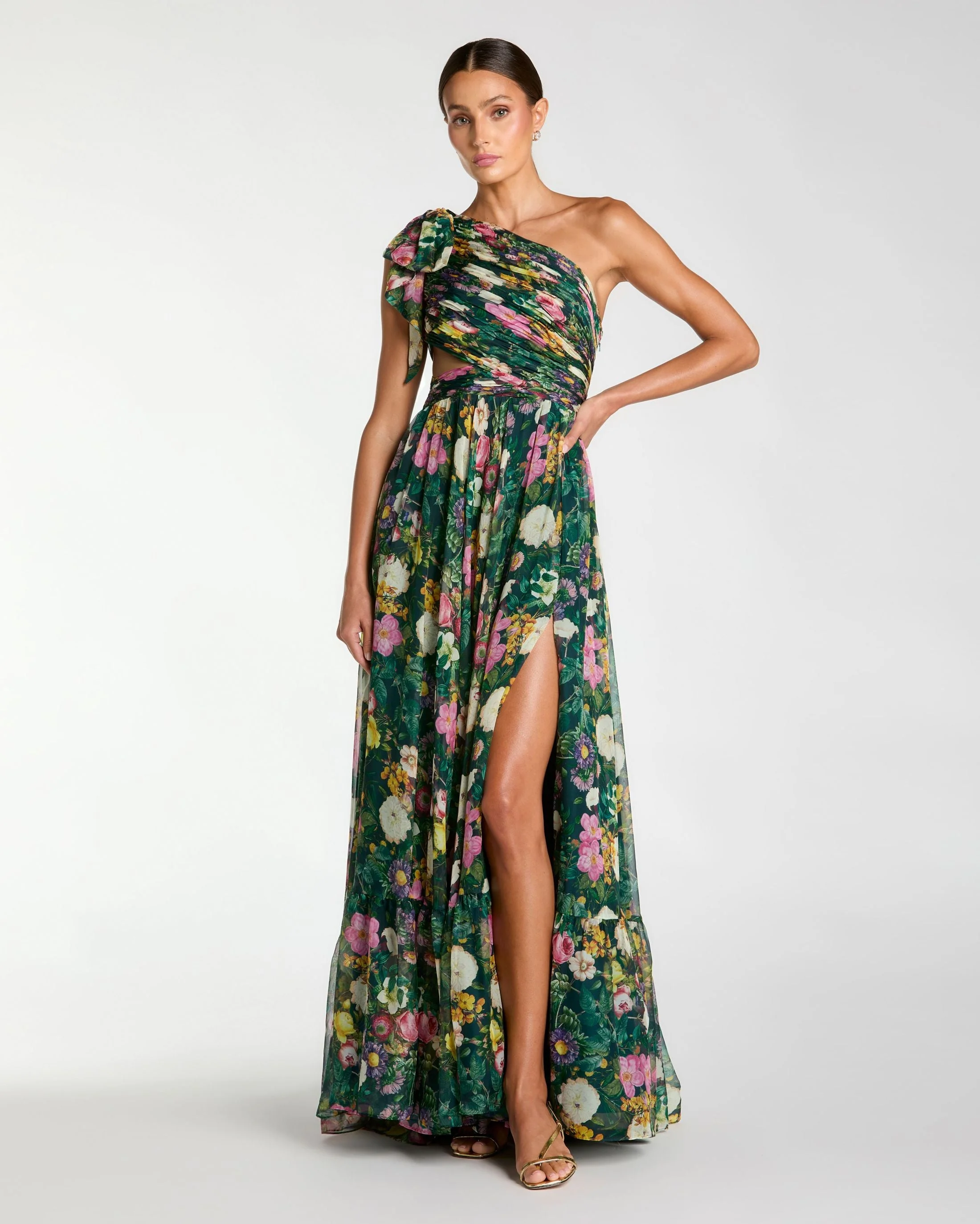 Deep Green Multi Floral Chiffon One Shoulder Cut Out Gown - 1