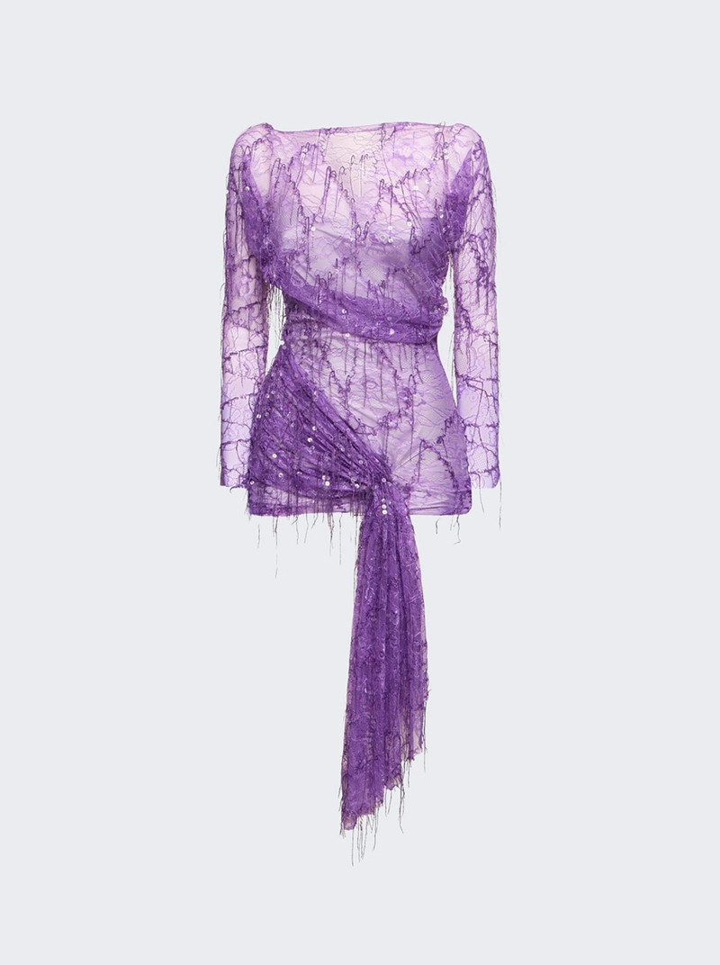 Encased Beaded Ivy 레이스 긴 소매 미니 드레스 포도 - 1
