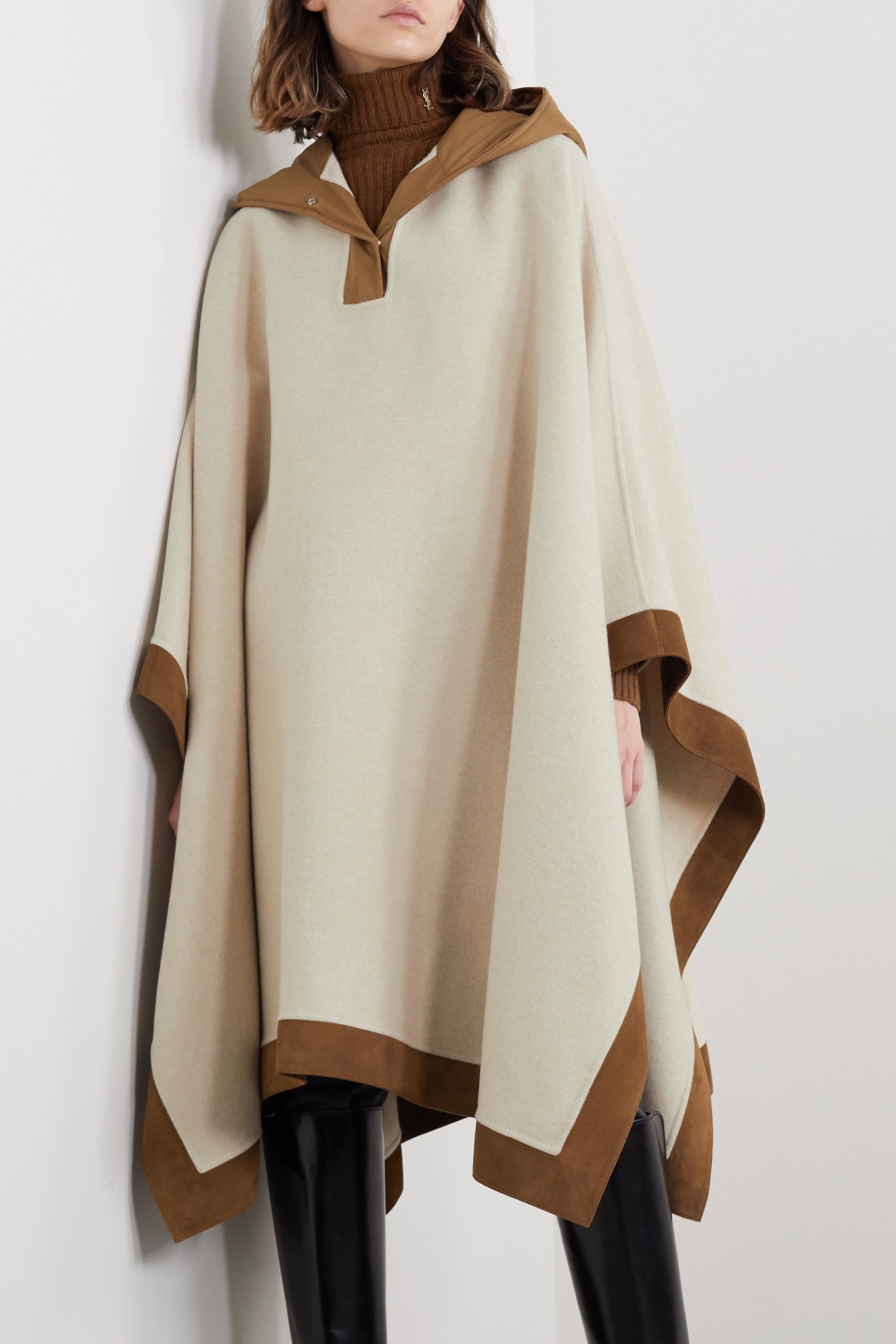 Chandra hooded suede and shell-trimmed cashmere cape - 3