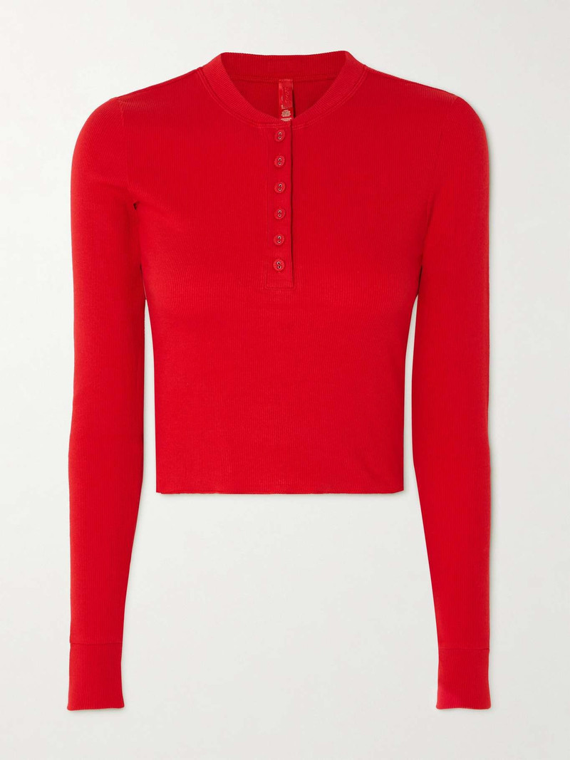 Long Sleeve Crop Henley - Cranberry Red 1