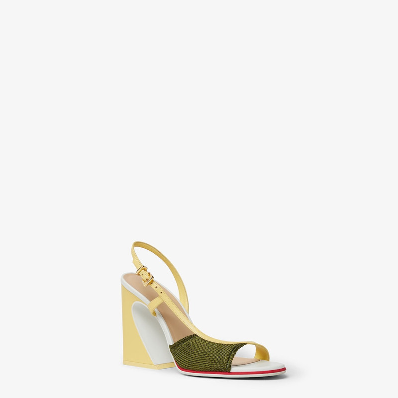 Fendi Arco Dark green knit and yellow nappa leather high-heeled sandal. 2