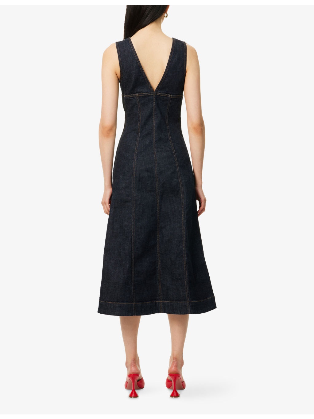 V-Neck Flared Stretch-Denim Blend Midi Dress - 4