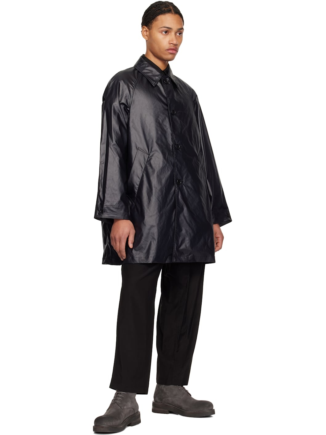 Black Leather-Like Car Coat - 4
