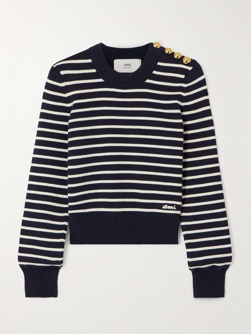 Logo-embroidered striped organic cotton and merino wool-blend sweater 1