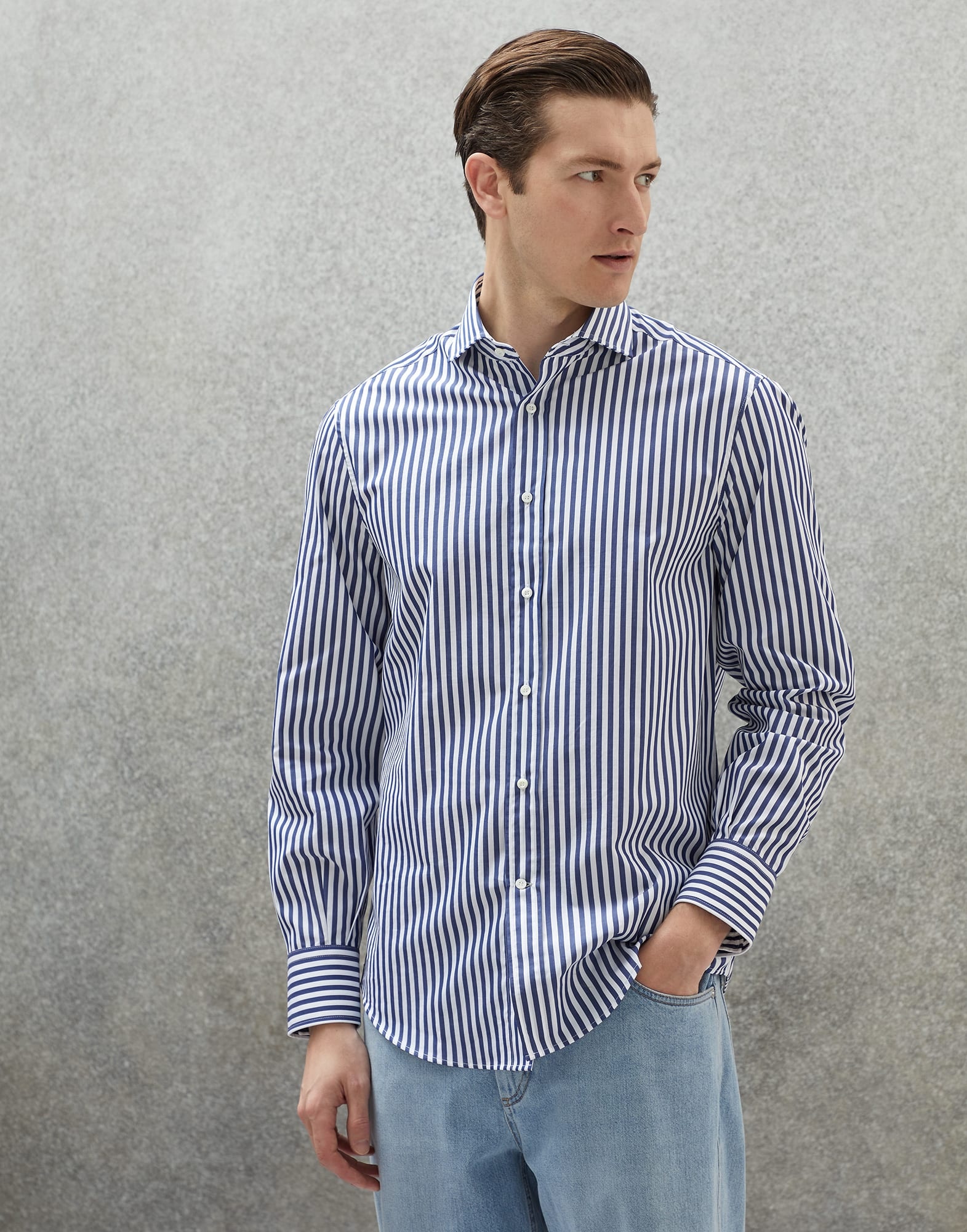 Striped poplin basic fit shirt with spread collar - 1