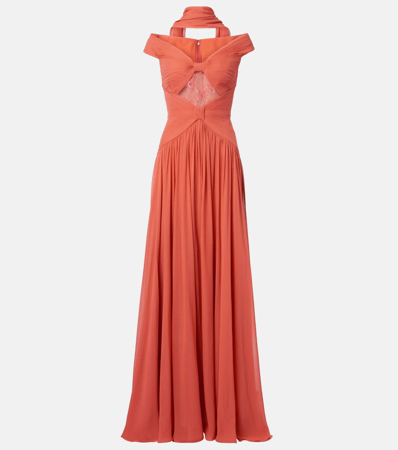Gathered lace-trimmed silk gown 1